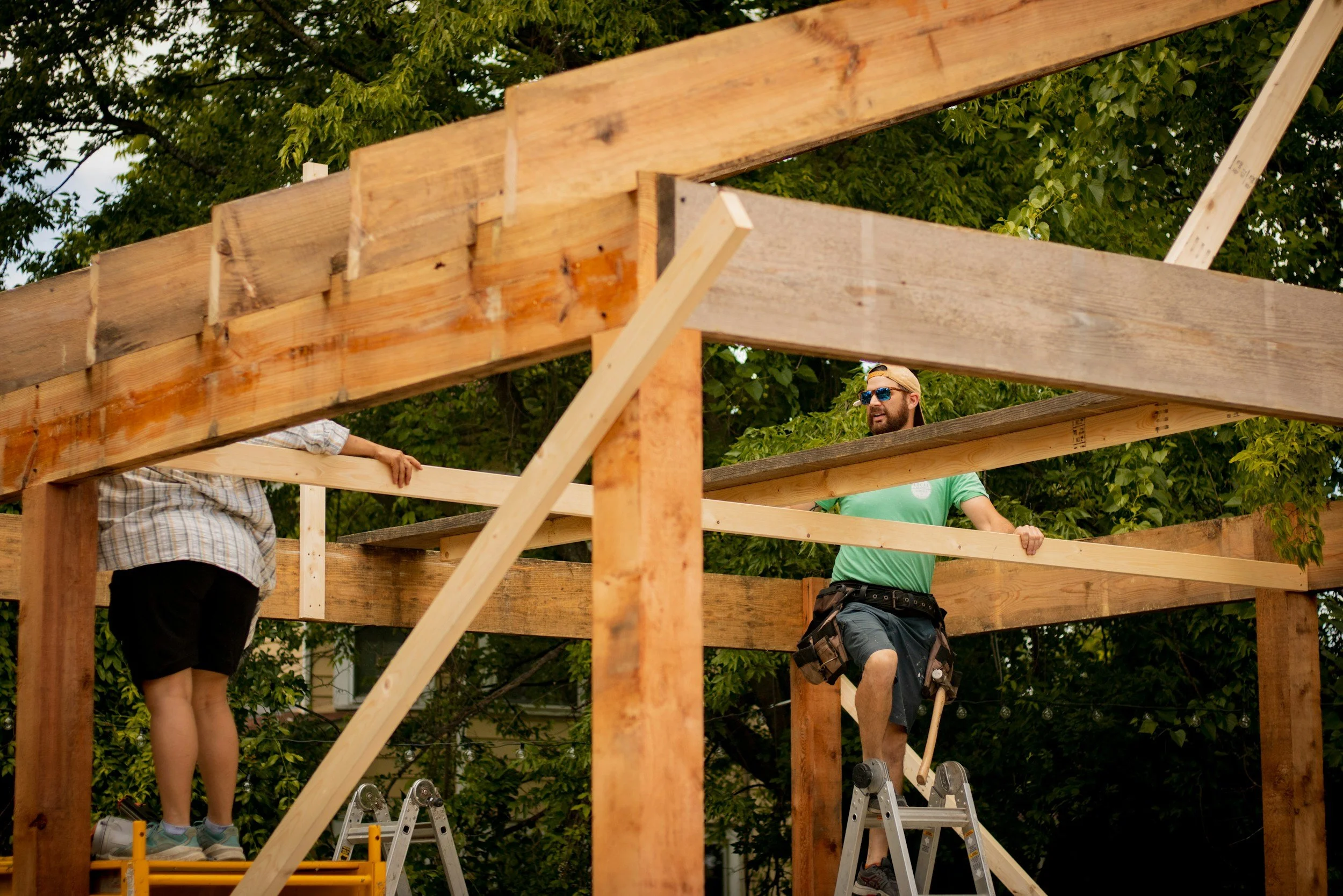Two individuals are standing on ladders, working together to construct a wooden pergola or frame outdoors amidst green trees.