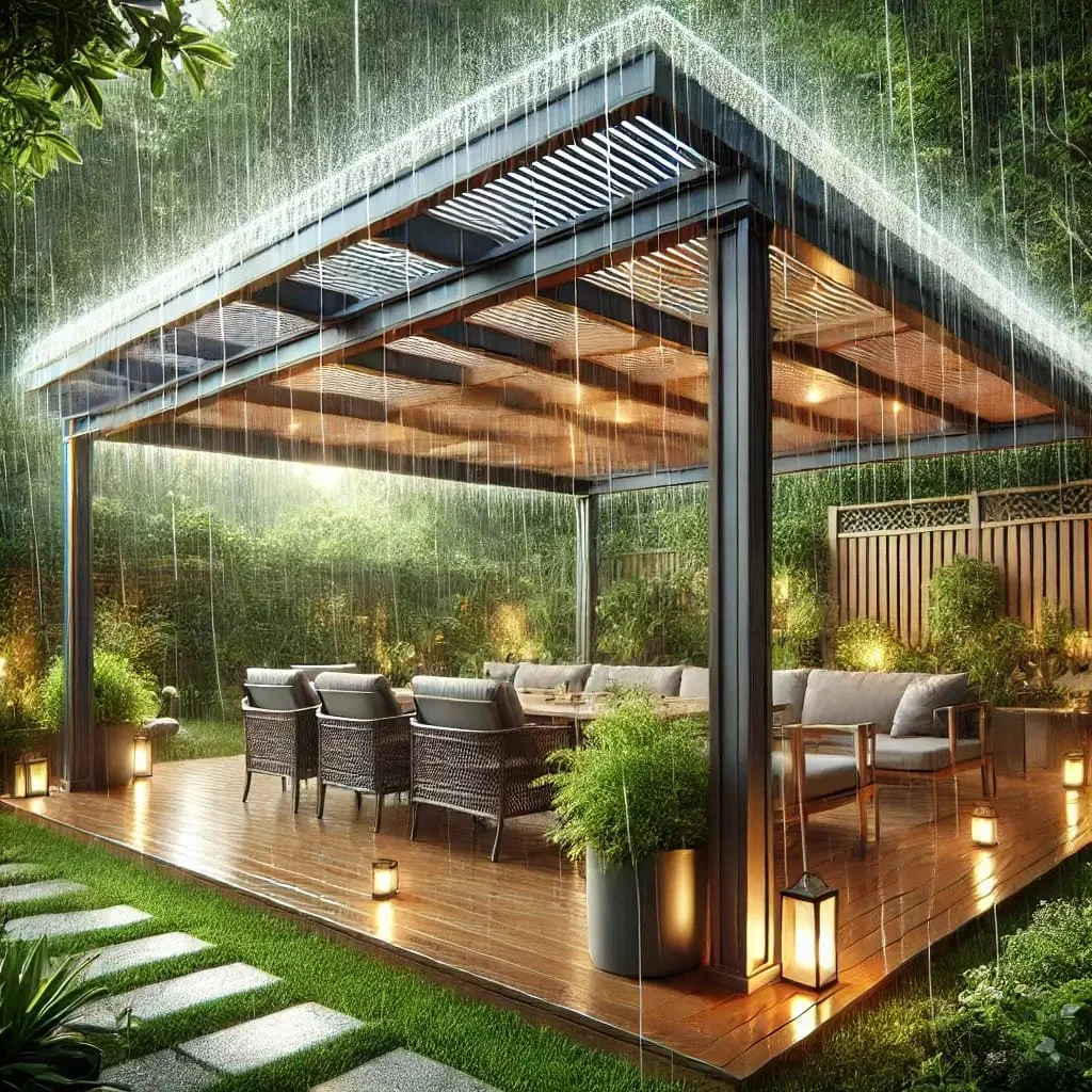 A sleek, modern pergola with dark metal supports covers an outdoor dining and seating area on a wooden deck