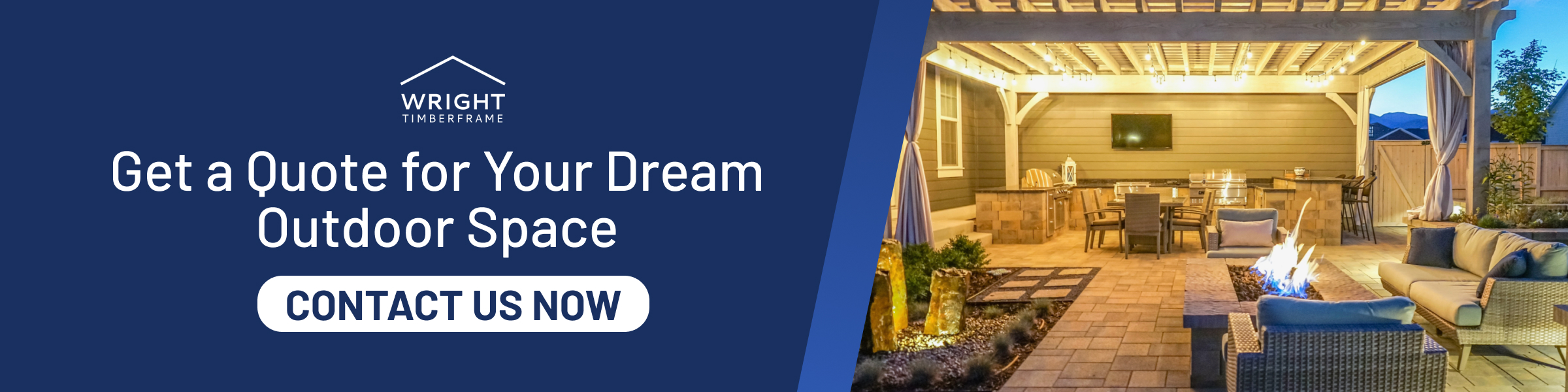 Pergola lounge with fire pit, kitchen, and seating under string lights; get a quote for your Custom outdoor space