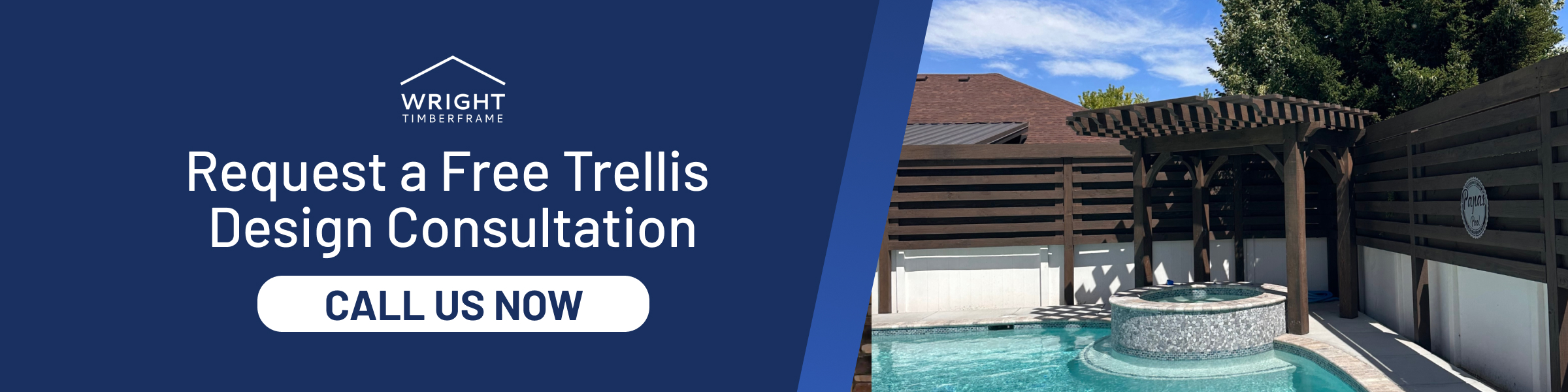 Free Trellis Design Consultation – Call Us Today Outdoor pool area with custom wood trellis kits, promoting a free trellis design consultation for stylish backyard spaces