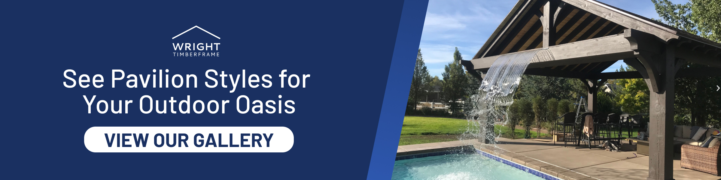 Timber pavilion beside a pool with a waterfall feature, promoting stylish pavilion design ideas for your outdoor oasis