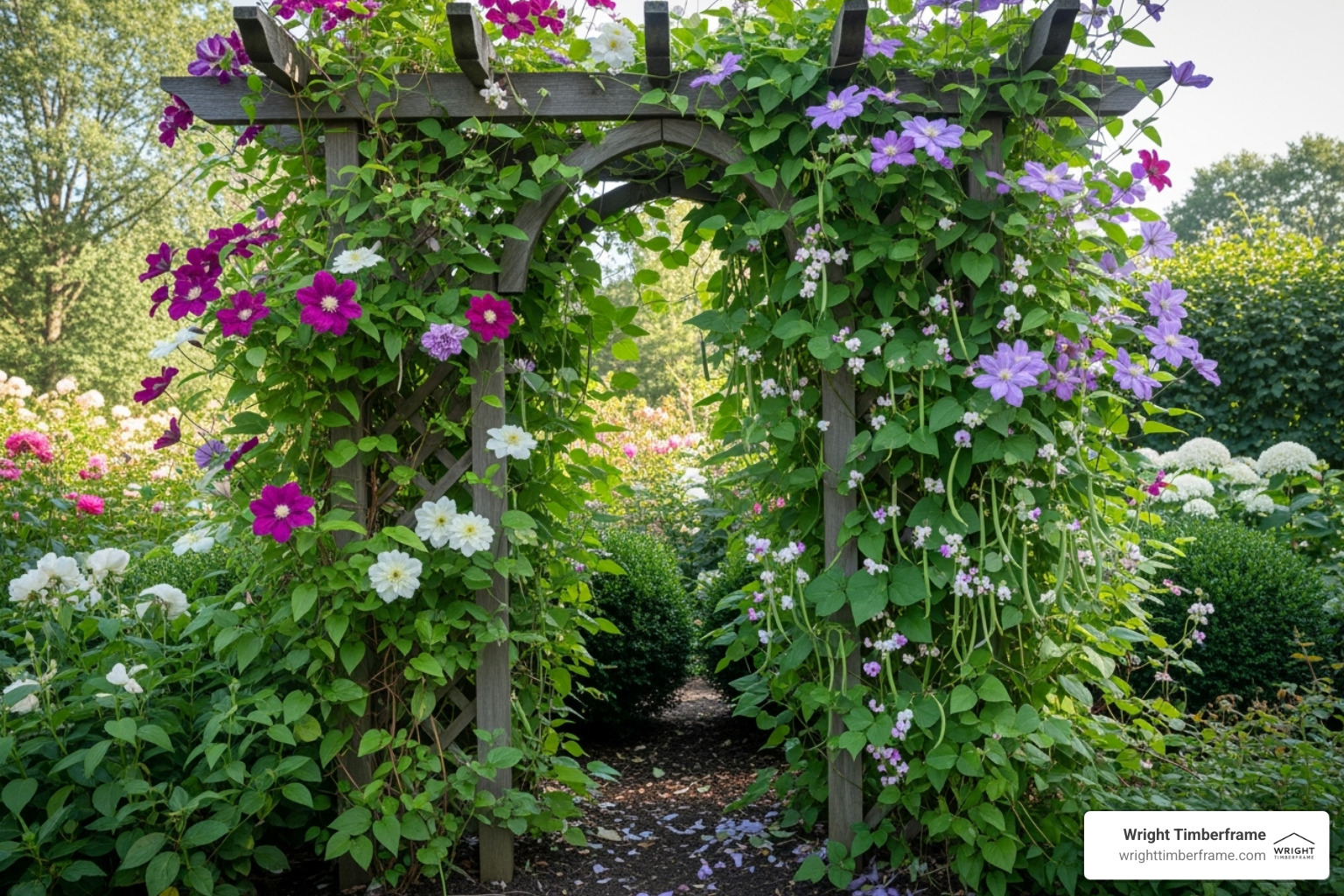 Trellis lush with a mix of flowering clematis and climbing beans - wood trellis kits Trellis lush with a mix of flowering clematis and climbing beans - wood trellis kits