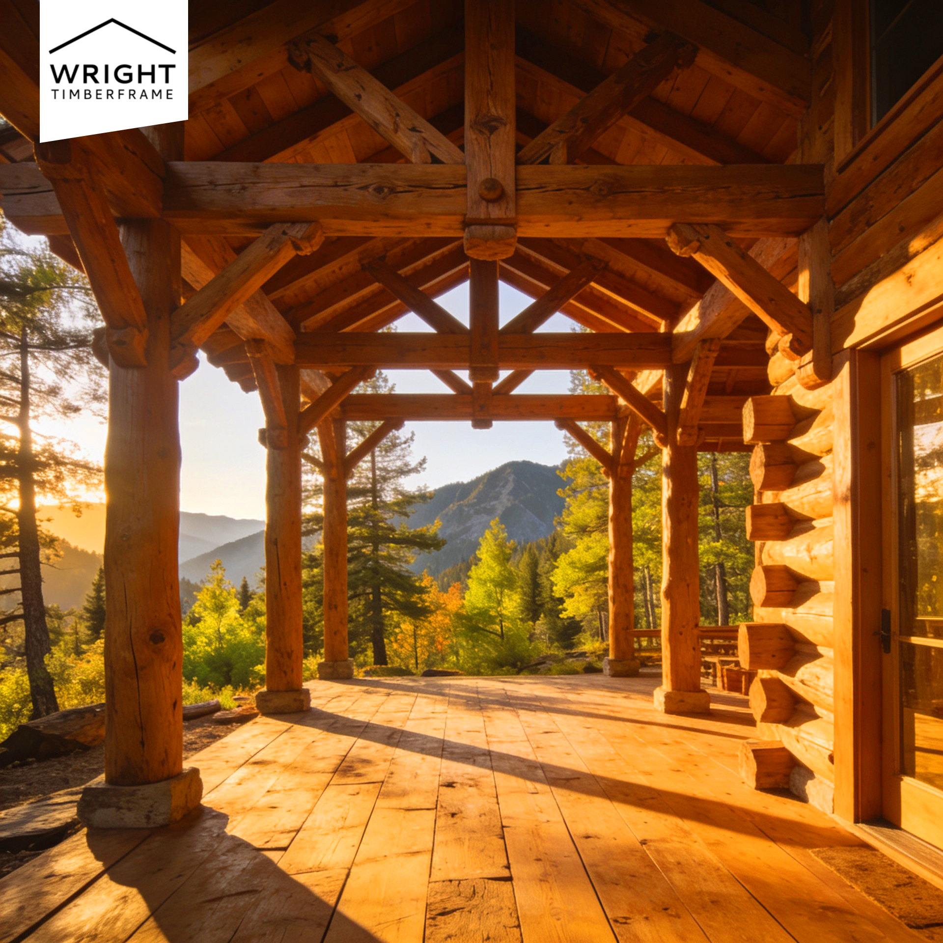 Custom timber frame pavilion with Douglas Fir beams and Western Red Cedar posts, overlooking mountain view.