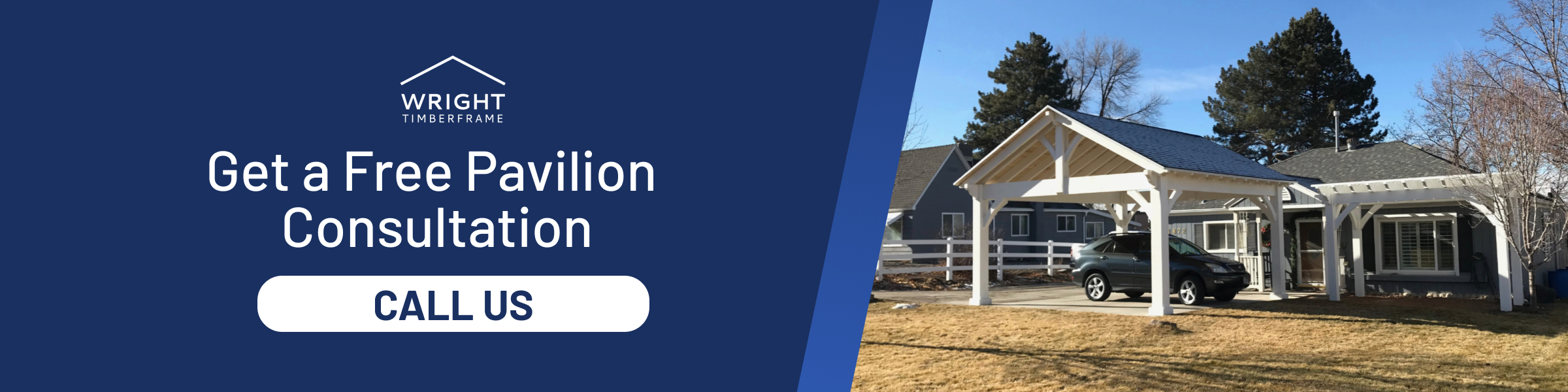 Get a Free Pavilion Consultation: Call Us Banner with white timber pavilion carport and 'Call Us' button, promoting a free consult on how to build a pavilion