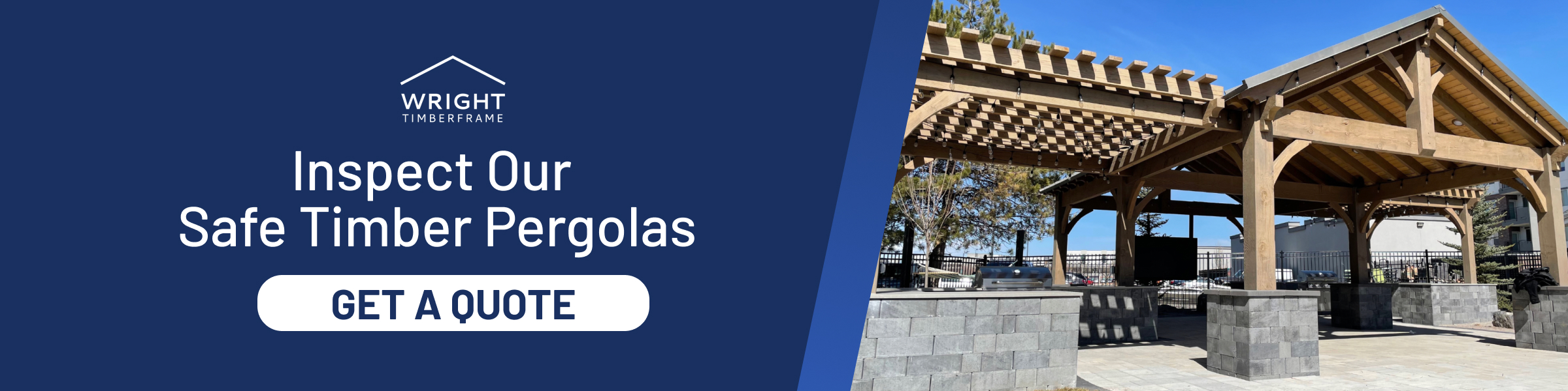 Banner with timber pergola pavilion with CTA reading Inspect Our Safe Timber Pergolas; are freestanding pergolas safe.