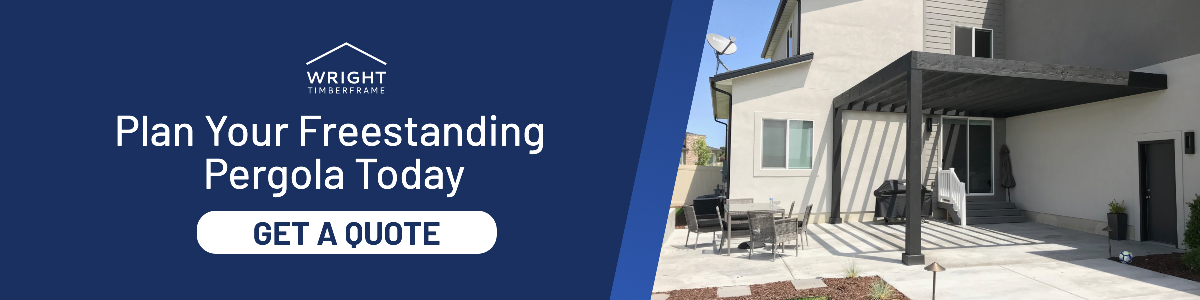 Plan Your Freestanding Pergola Today – Get a Quote Banner showing a backyard patio with a pergola and CTA; discover what is a freestanding pergola and start planning.