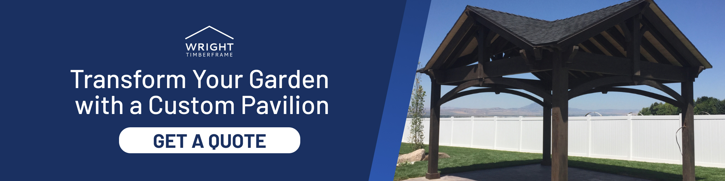 Sunlit backyard with timber-frame pavilion beside a pool and lounge seating, showcasing custom garden pavilions