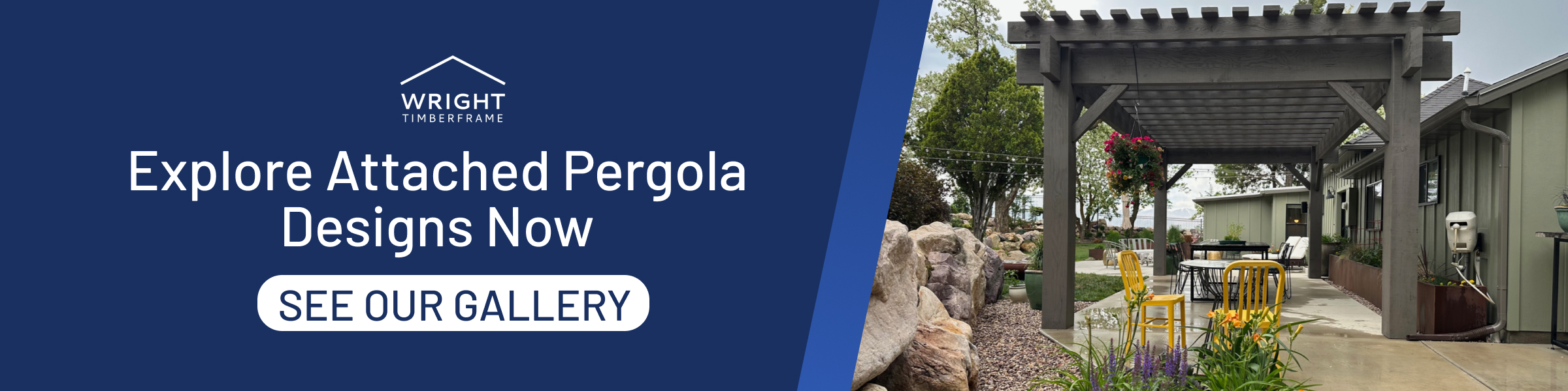 Explore Attached Pergola Designs | See Our Gallery attached pergola shading a backyard patio with seating and planters, by Wright Timberframe, connected to the house.