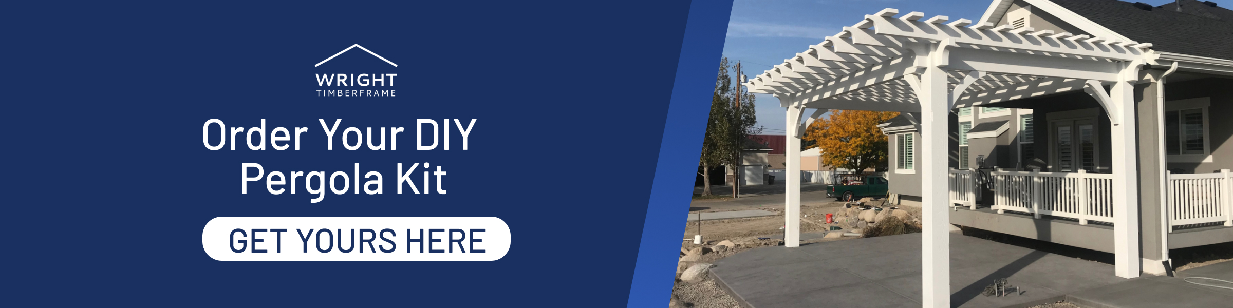 Order Your DIY Pergola Kit Today White timber frame DIY pergola kit attached to a home patio, showcasing stylish outdoor shade and modern backyard design.