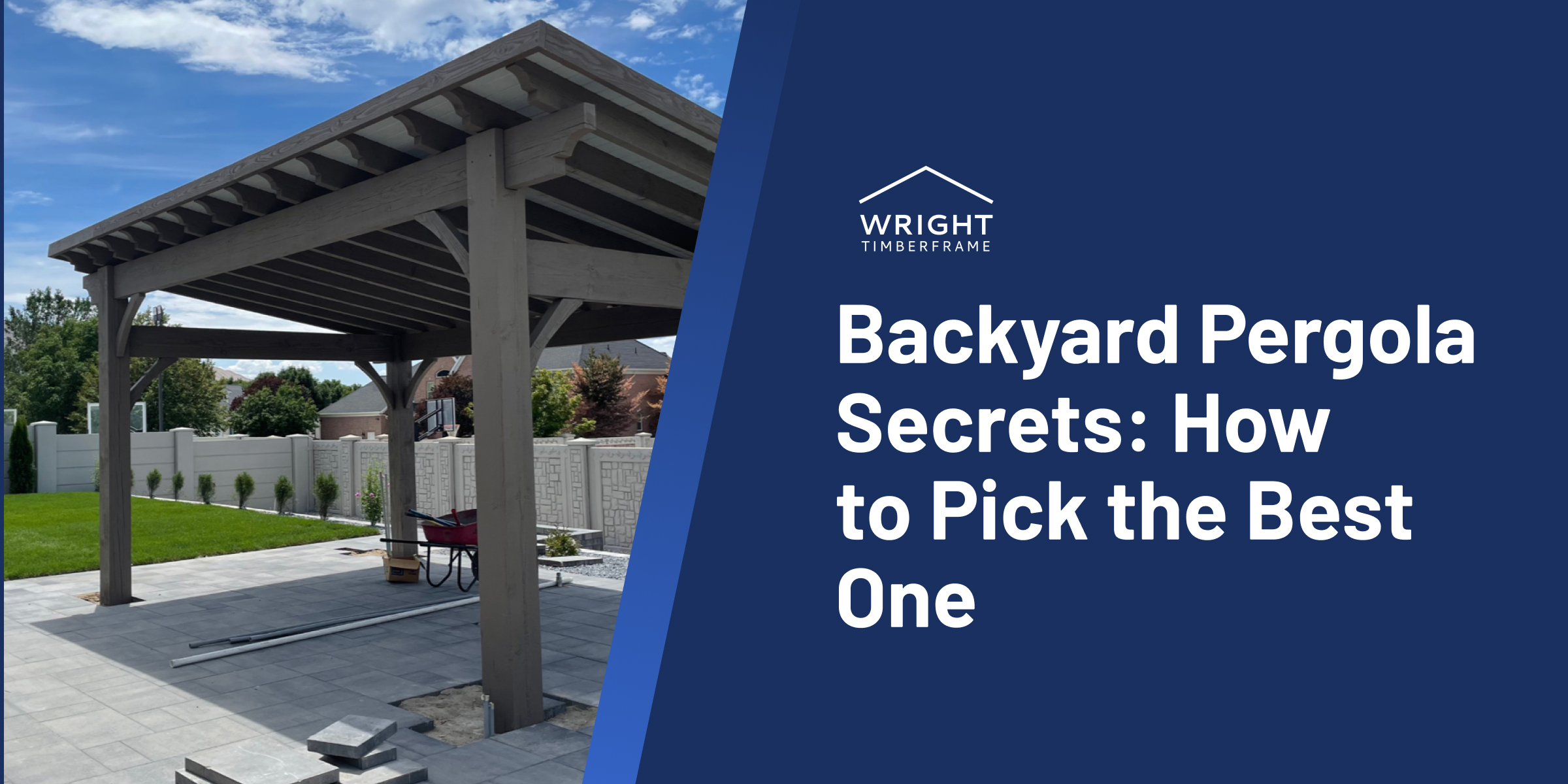 Timber-frame backyard pergola on a stone patio with privacy fence and lawn; modern shade structure for outdoor living