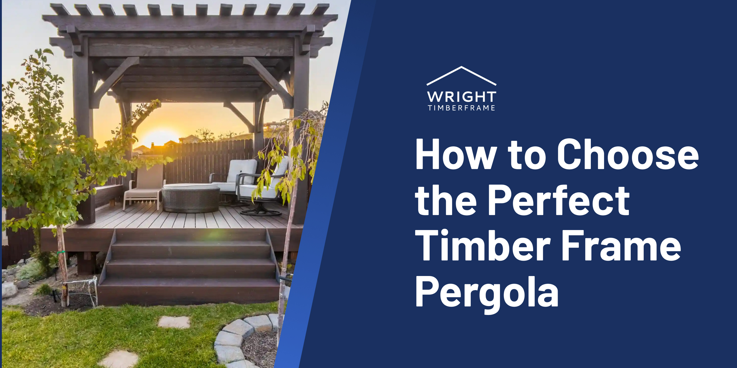 Sunset backyard deck with a Timber frame pergola and lounge seating, illustrating design choices for shade and comfort