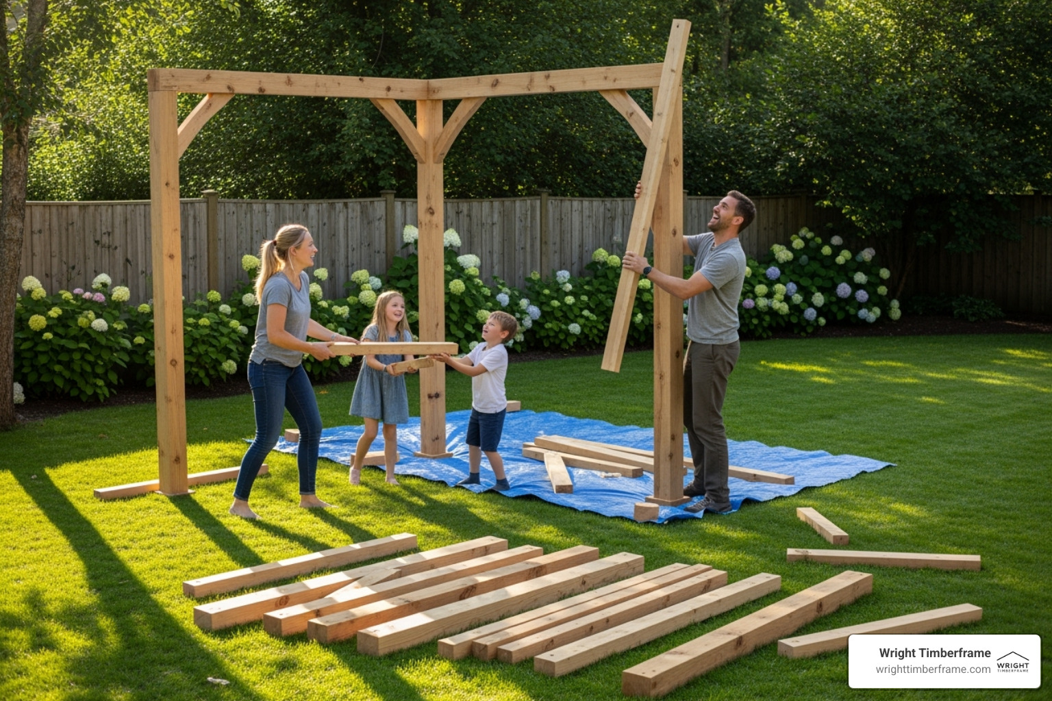 Family Assembling DIY Pergola Kit in Backyard A family works together in their backyard assembling a DIY pergola kit, lifting and fitting timber pieces for an outdoor structure.