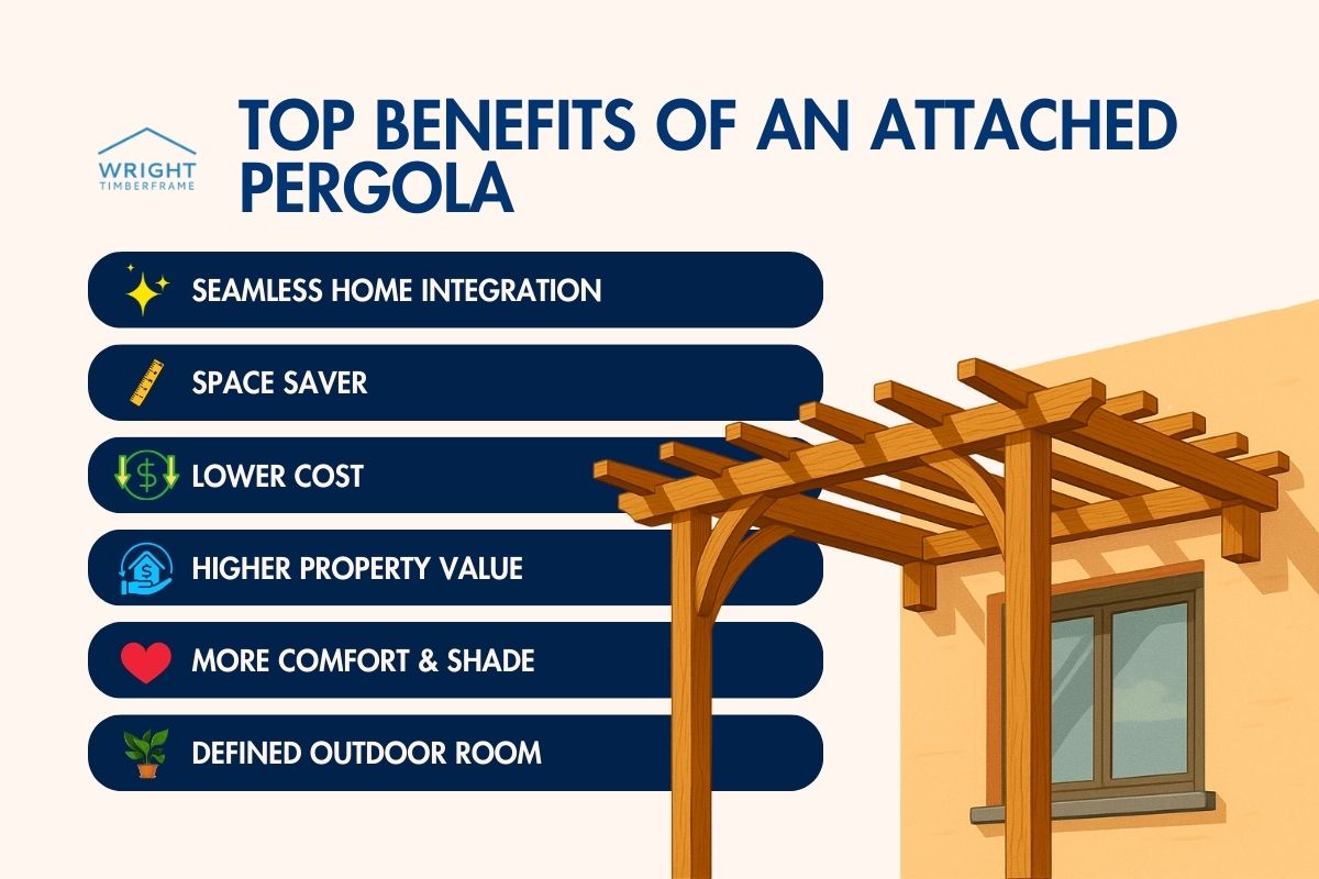 Top Benefits of an Attached Pergola Infographic of an attached pergola with benefits: home integration, space saving, shade, and a defined outdoor room.