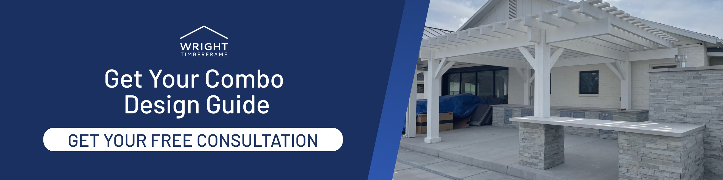 Modern backyard patio featuring a white timber frame pergola and stone bar area promoting free combo design guide consultation