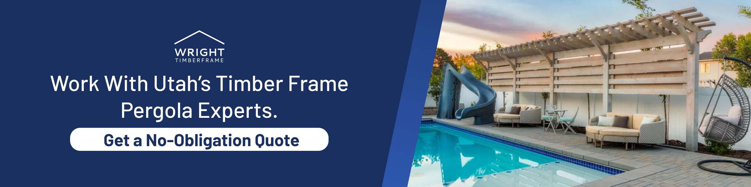 Custom timber pergola design and installation by Wright Timberframe in Utah, overlooking a pool and outdoor lounge area.