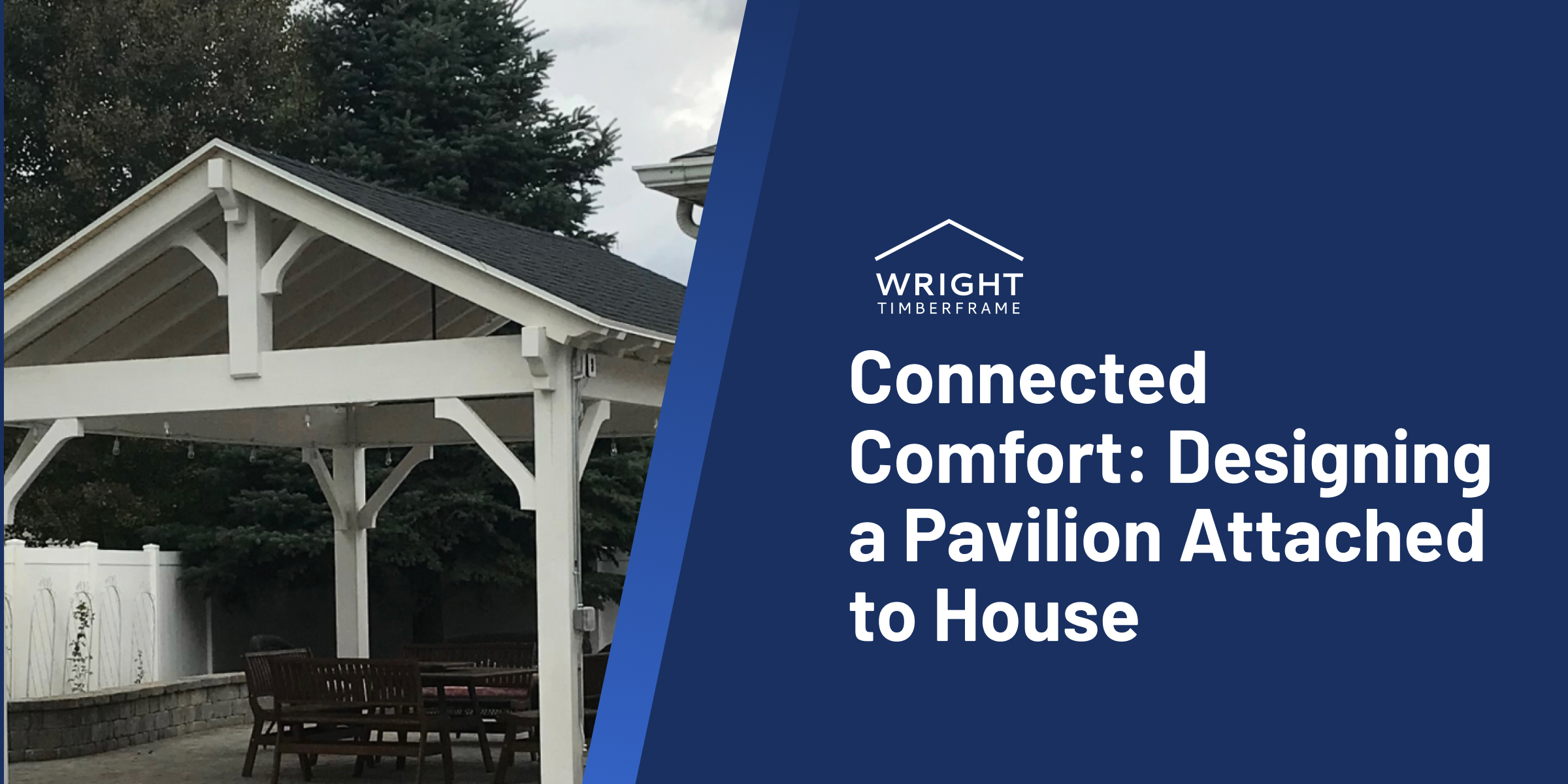 A white timber pavilion attached to a house, featuring a gable roof and outdoor seating area for shade and relaxation.