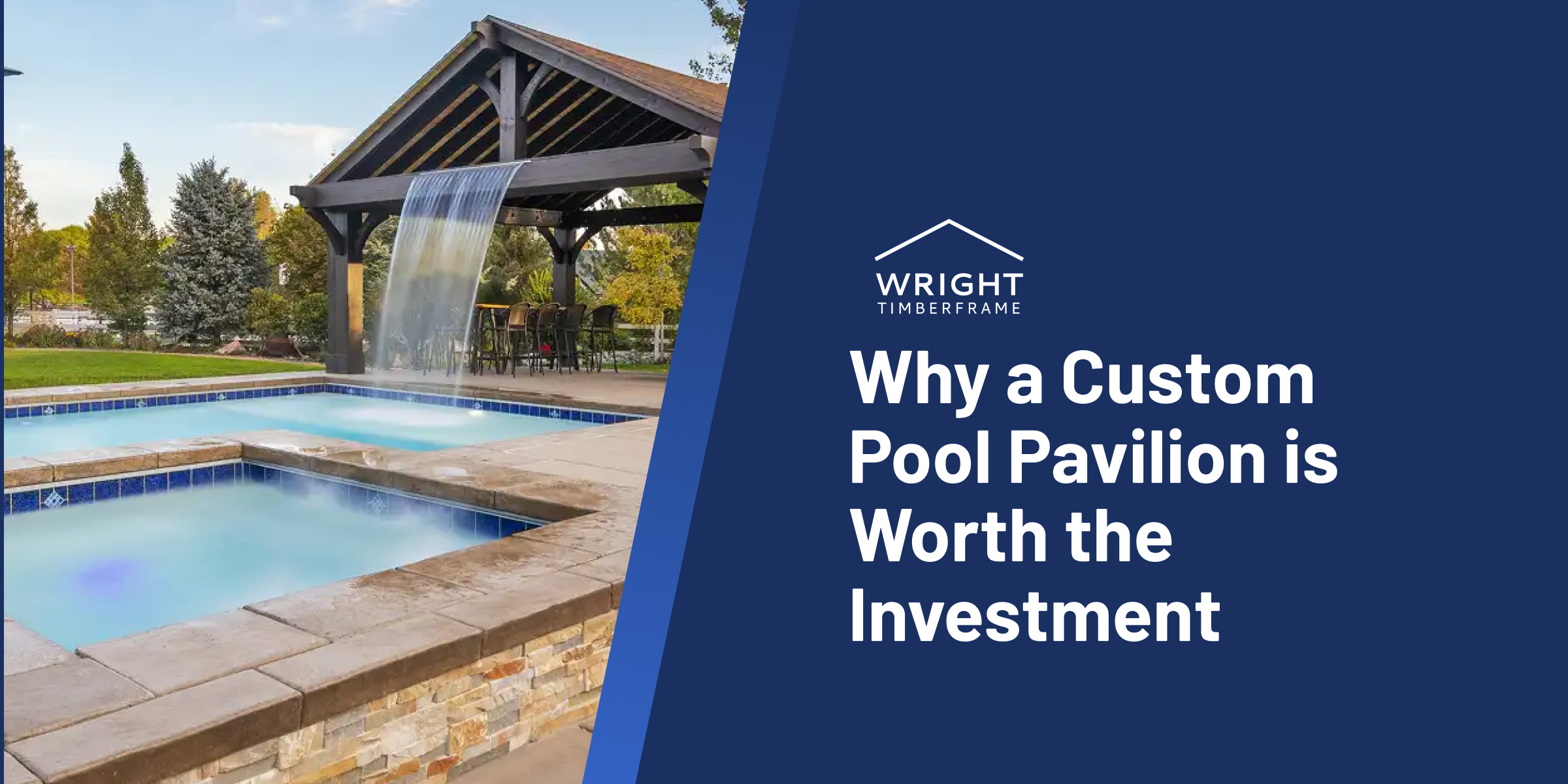 A modern custom pool pavilion featuring a timber frame design beside a waterfall pool, creating a relaxing outdoor retreat.