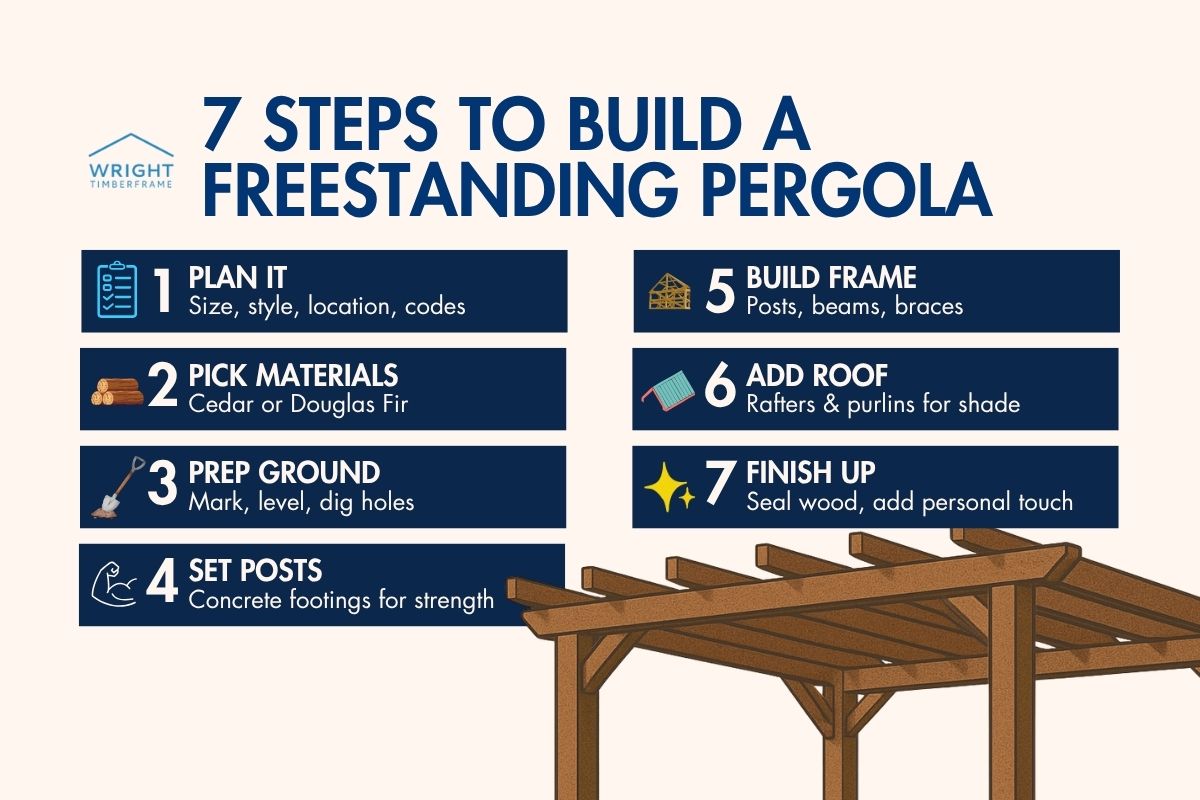 7 Steps to Build a Freestanding Pergola Infographic showing how to make a freestanding pergola in 7 steps, from planning and materials to framing, roofing, and finishing.