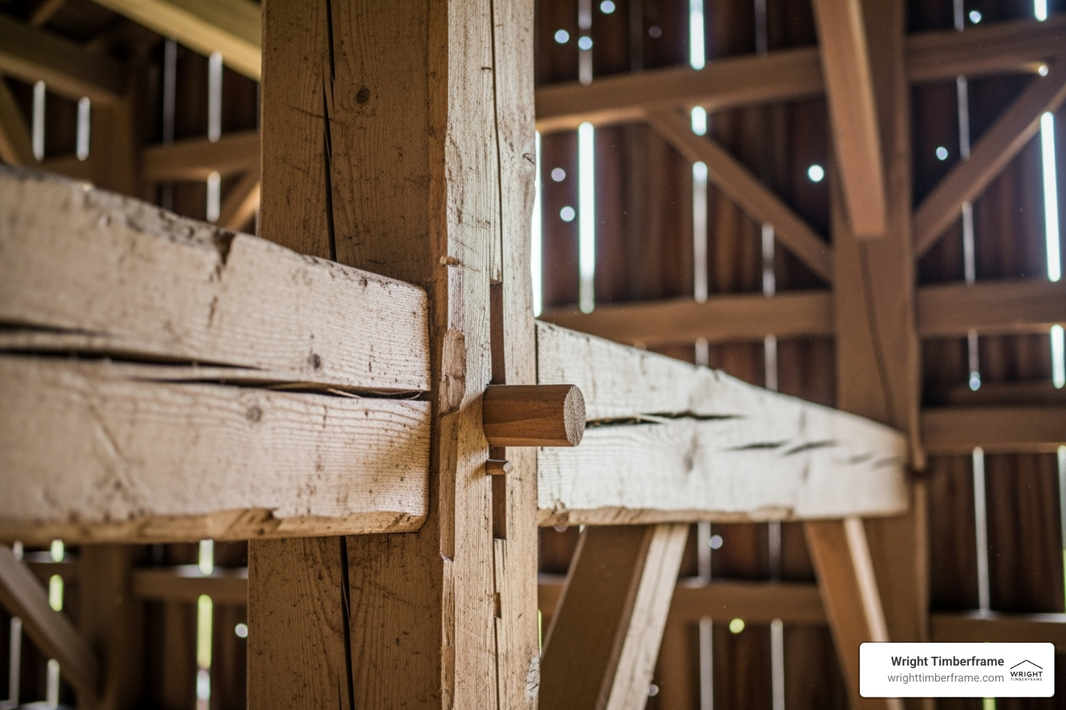 historic timber frame barn showcasing aged, strong joints - Traditional timber frame joinery