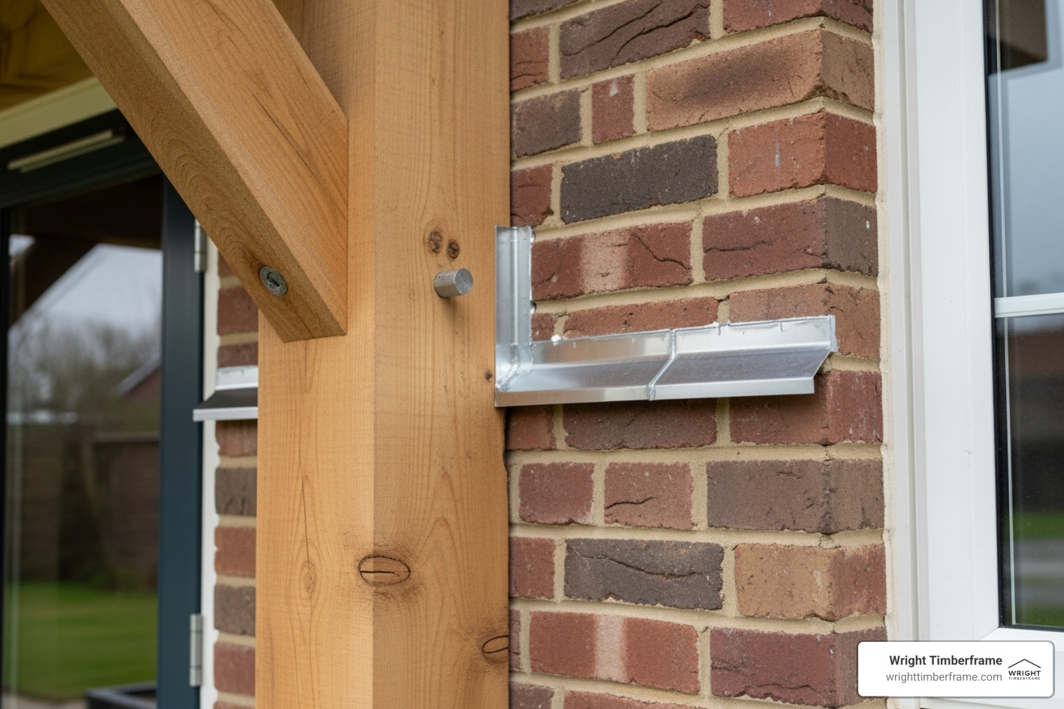 Close-up of a metal bracket securing a timber beam to a brick wall, showing strong connection details for a pavilion attached to house.