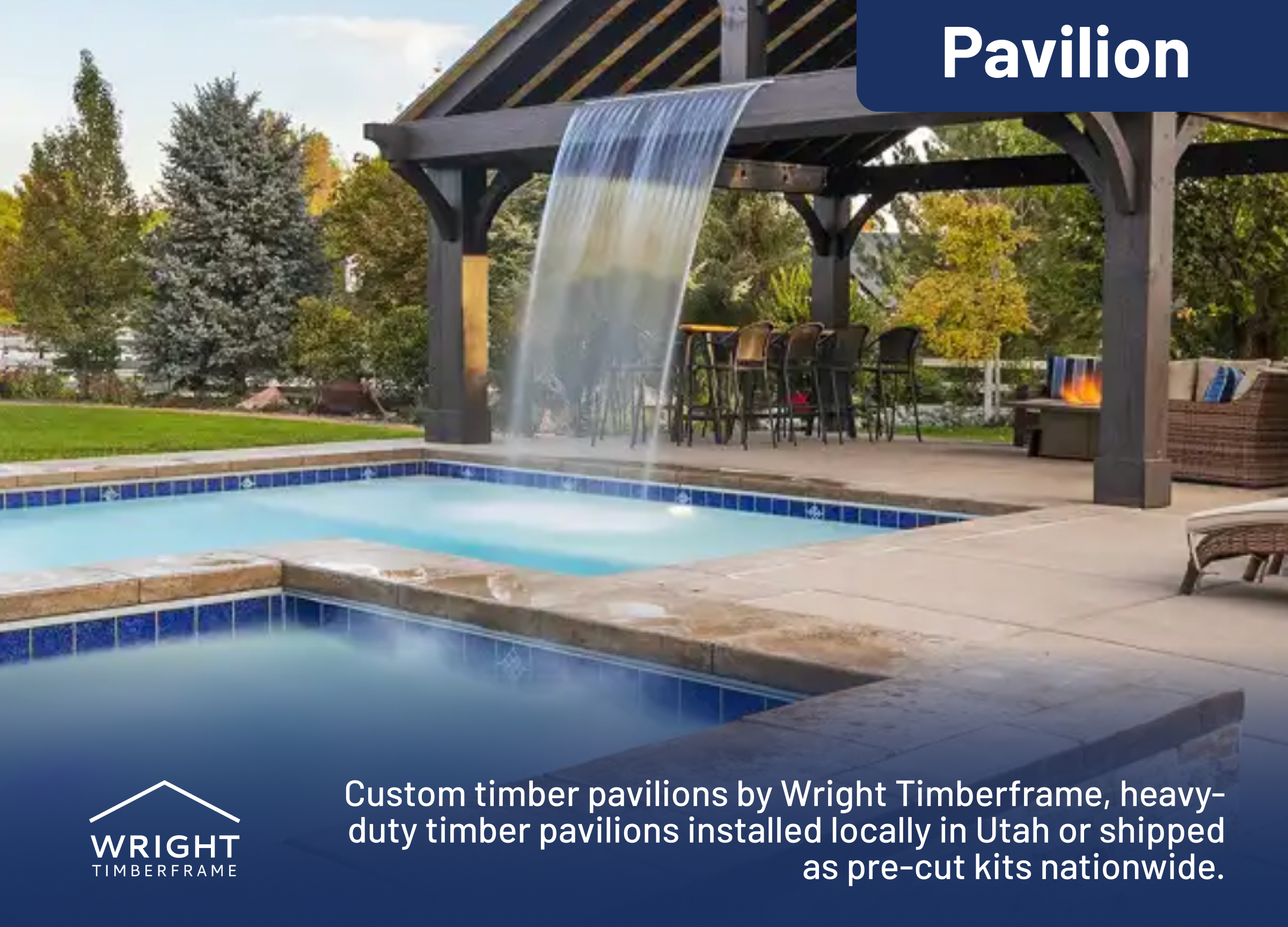 Custom Timber Pavilion for Backyard Retreats Timber pavilion for backyard with poolside waterfall, bar seating, and lounge area, designed by Wright Timberframe.