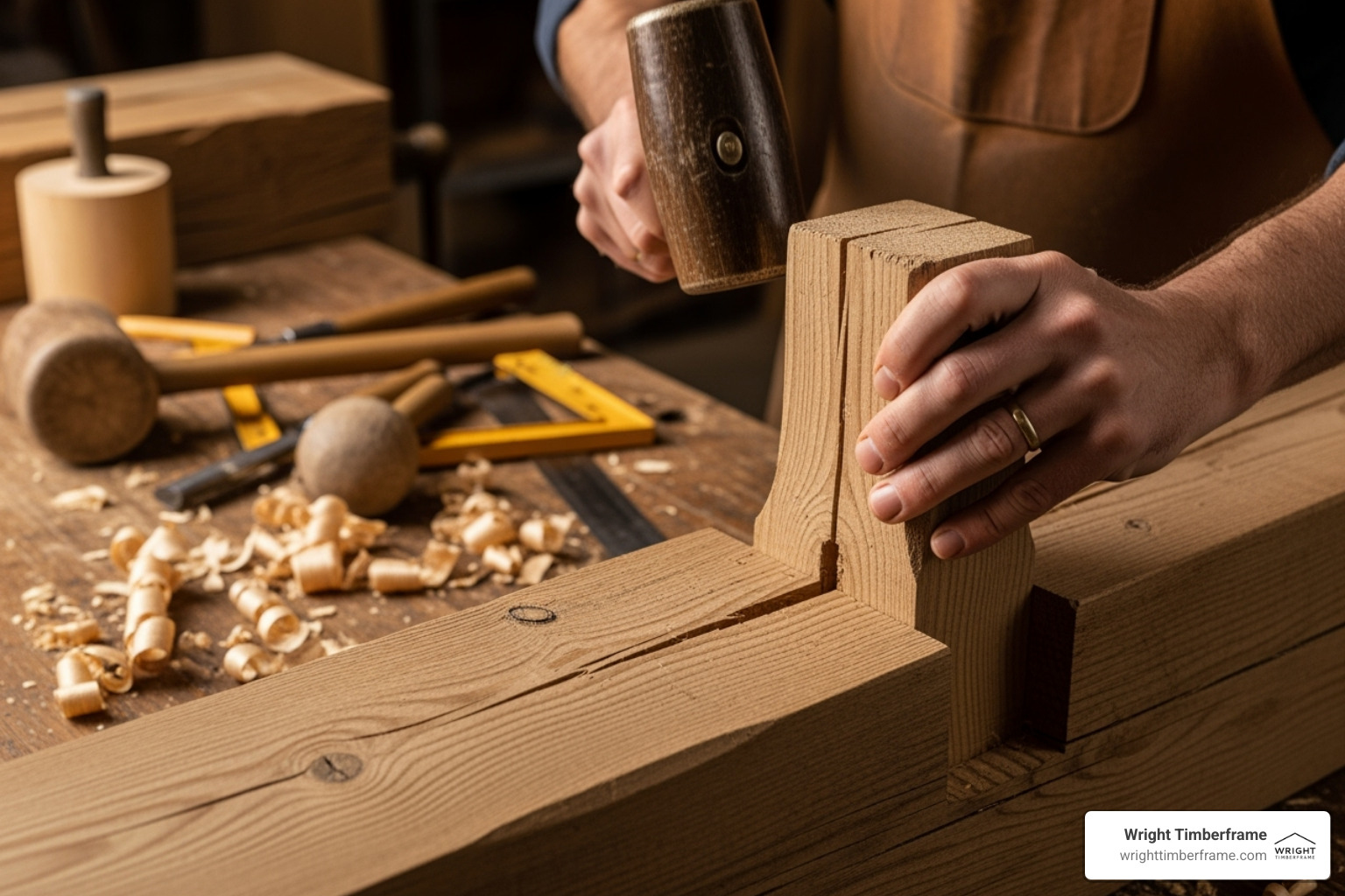 Skilled craftsman fitting a tenon into a mortise using hand tools, demonstrating precision and care in traditional timber frame joinery.