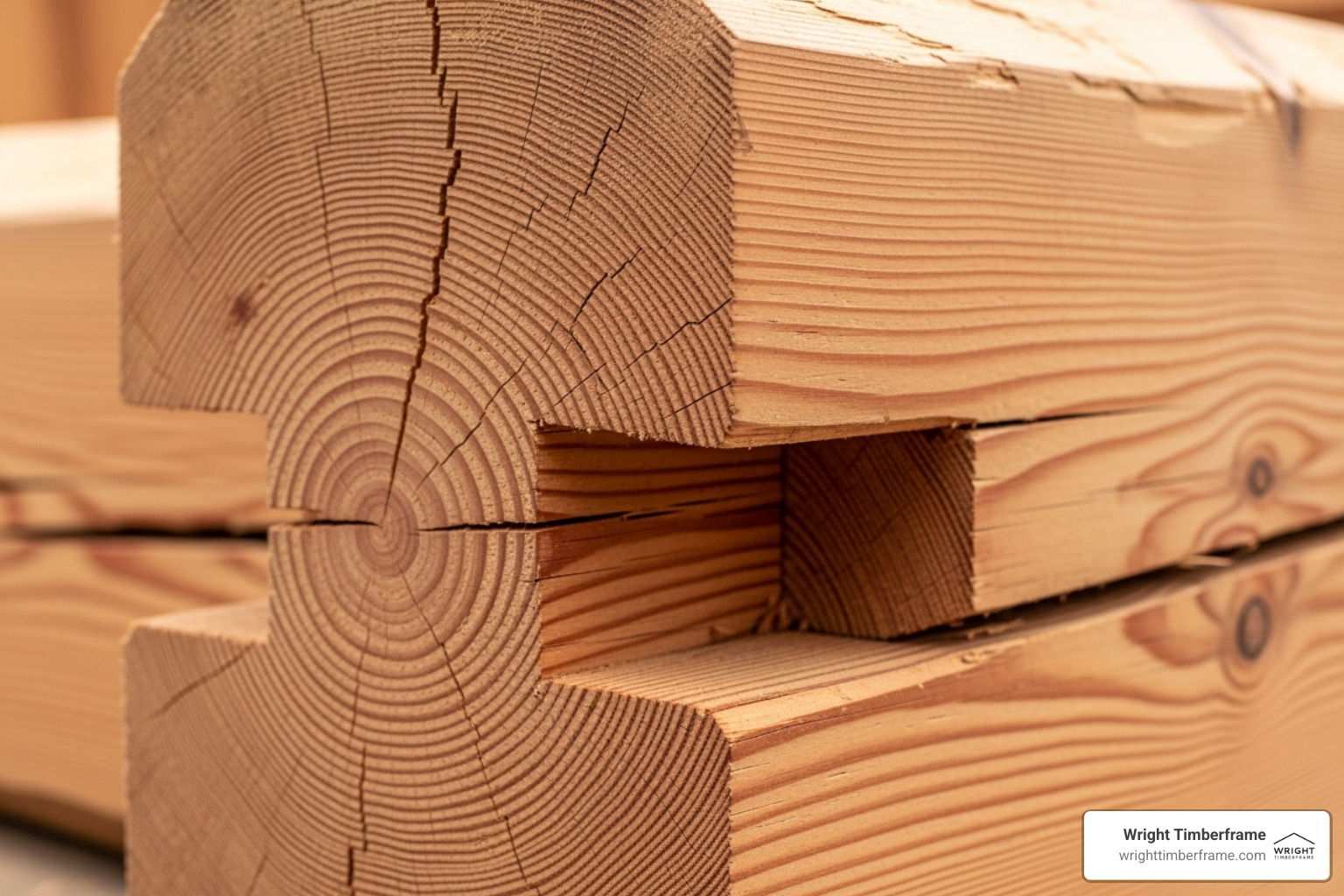 Close-up of a Douglas fir timber beam with precision-cut joints, showing quality woodwork used in building a pavilion attached to house.