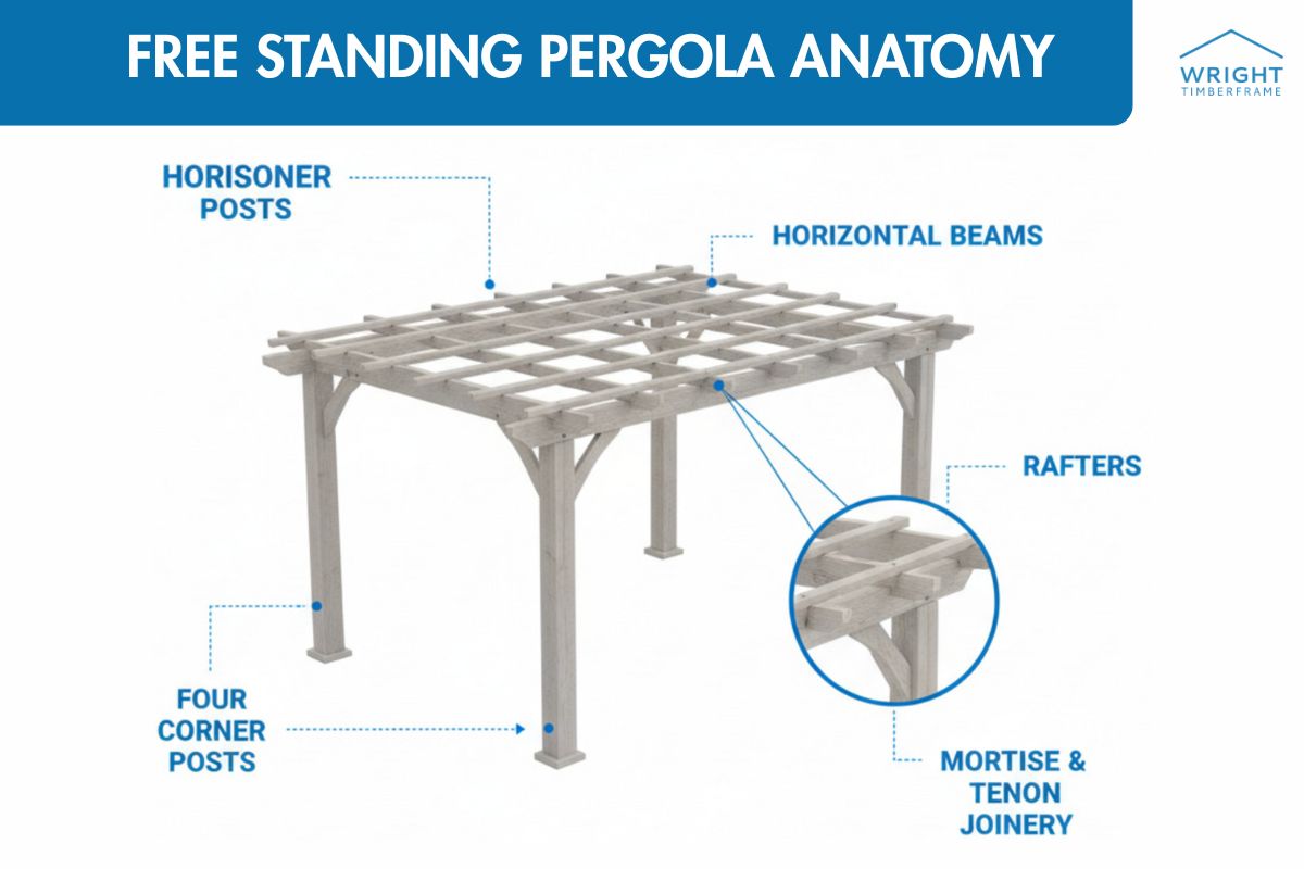 Freestanding Pergola Structure Guide Infographic on benefits of a Custom outdoor space: added living space, more value, retreat, gatherings, year-round use