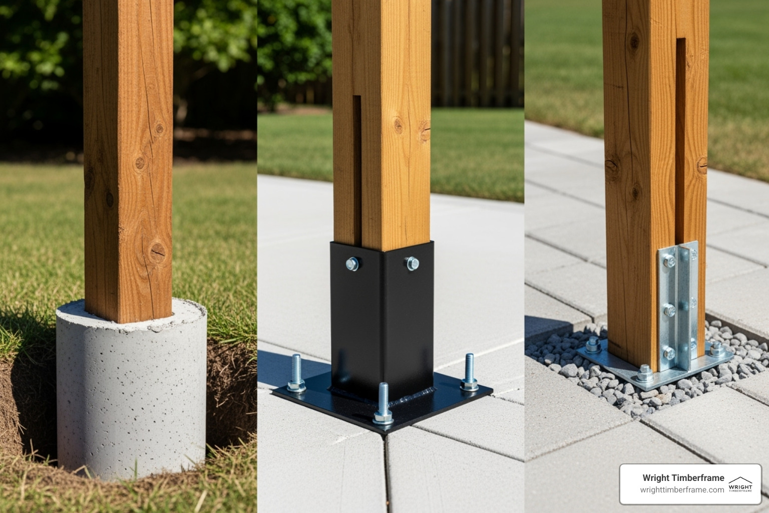 Pergola Post Anchoring Options Close-up comparison of three pergola post anchoring methods, showing how to make a freestanding pergola with secure footing.