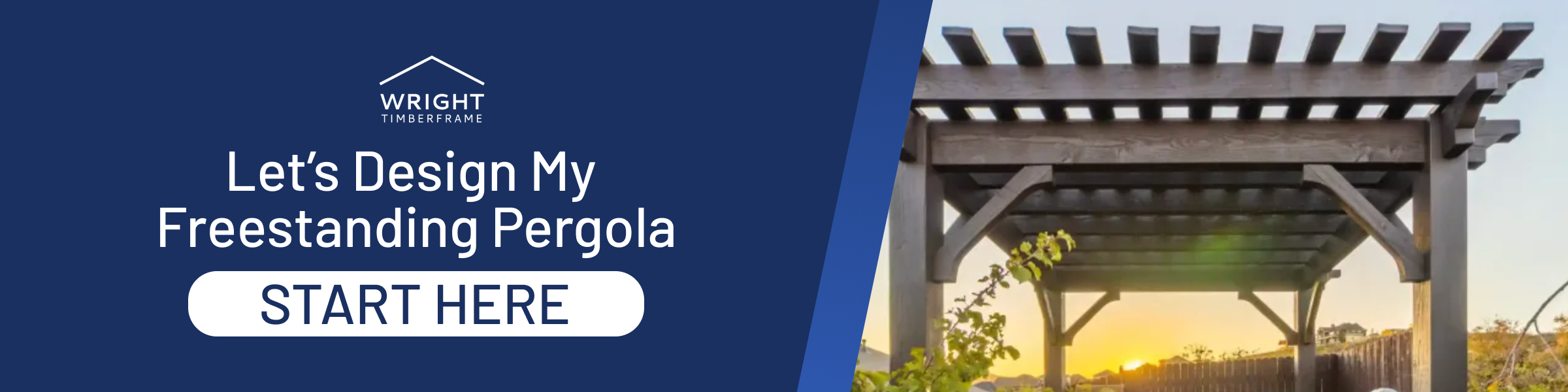 Let’s Design My Freestanding Pergola Banner with text “Let’s Design My Freestanding Pergola – Start Here” beside a stylish backyard pergola attached to a stone patio and seating area.