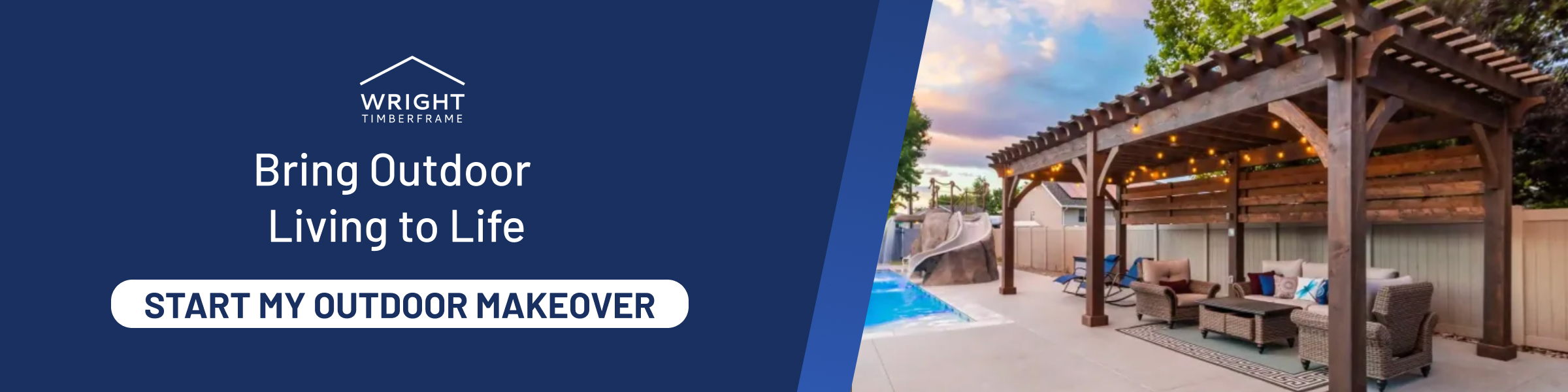 Timber pergola beside backyard pool with outdoor seating, featured in call-to-action banner promoting outdoor living additions.