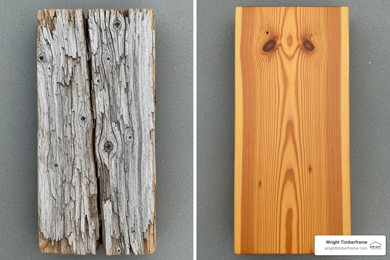 Side-by-side comparison of untreated weathered wood and a finished Douglas fir outdoor board, highlighting restored color and smooth texture.