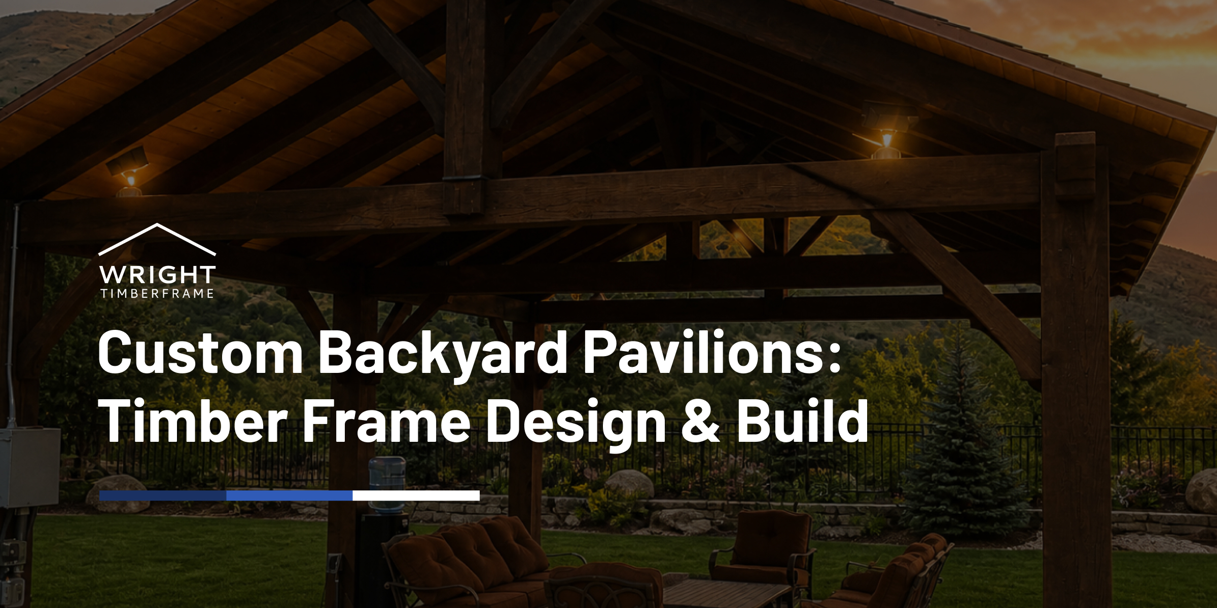 Custom timber frame backyard pavilion design and build by Wright Timberframe in Murray, Utah.