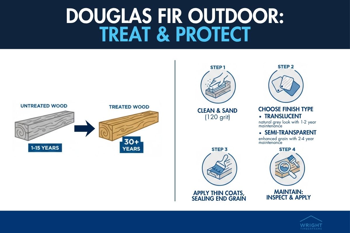Illustrated guide showing how to treat and protect Douglas fir outdoor wood, comparing untreated vs treated wood lifespan with 4 care steps.