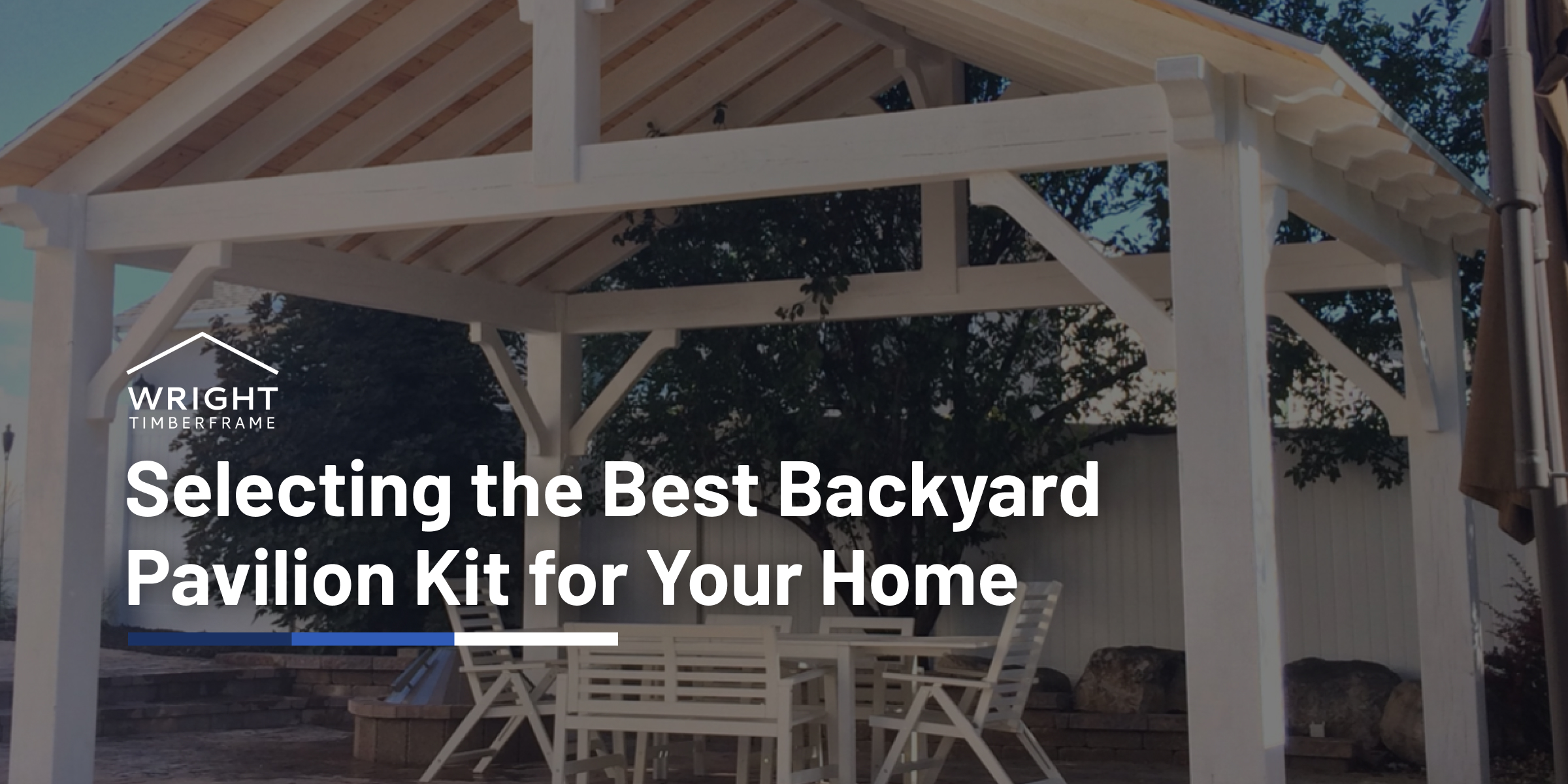 White timber pavilion with open beams and patio seating, showcasing backyard pavilion kit in residential outdoor space.