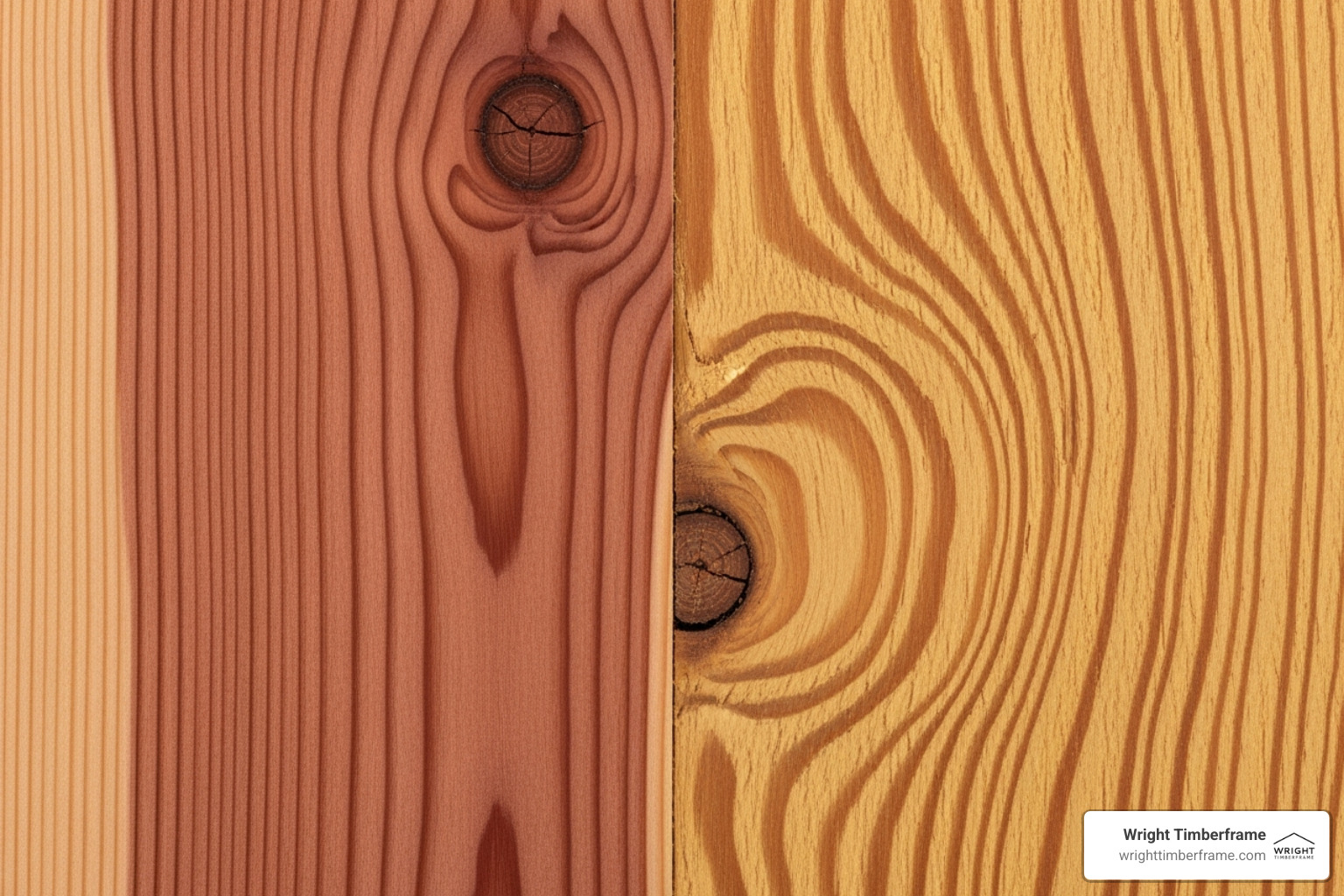 Close-Up of Cedar and Douglas Fir Wood Grains Detailed close-up showing the natural grain and color contrast of Western Red Cedar and Douglas Fir, two premium woods used in custom wood pavilions.