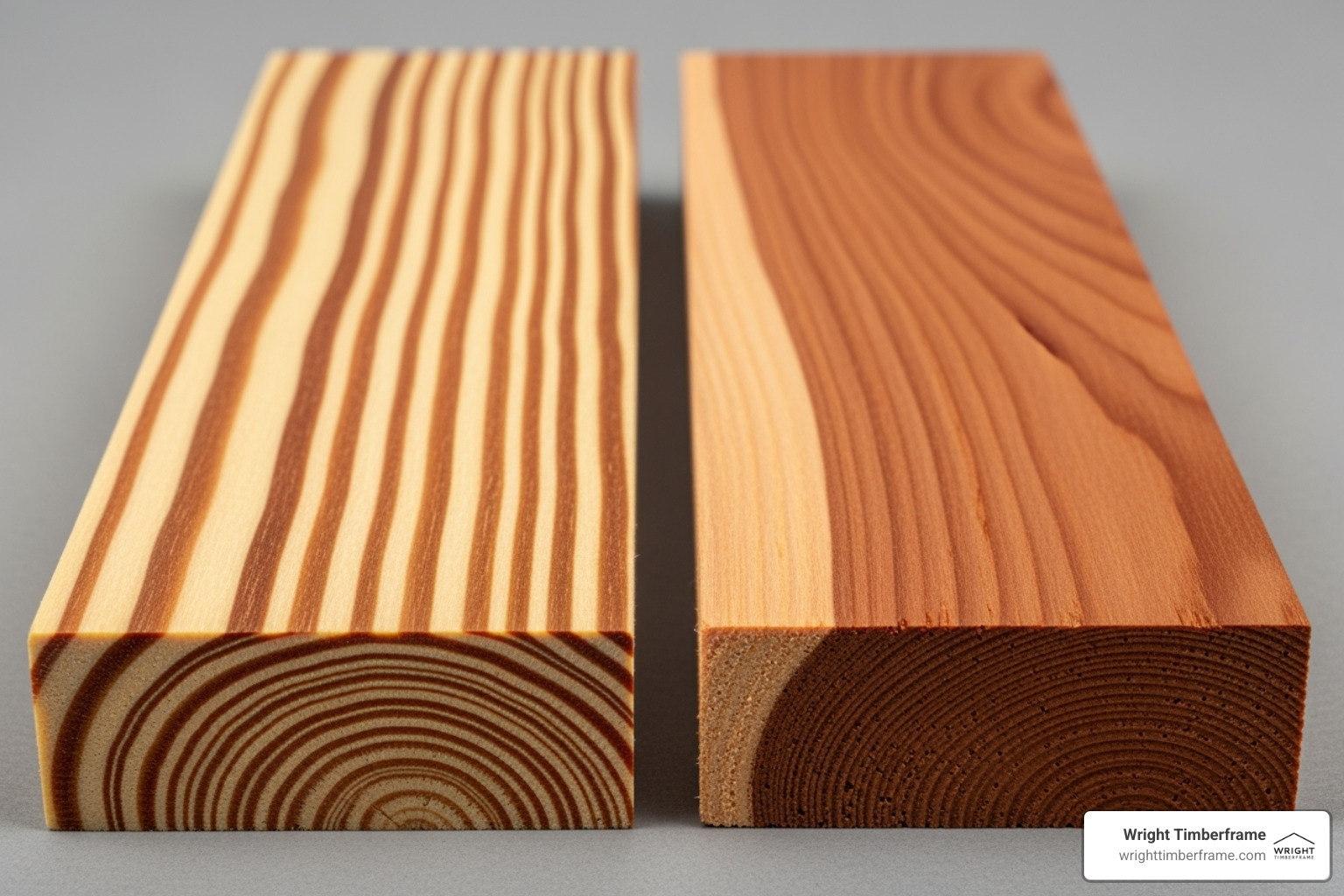 Douglas Fir and Western Red Cedar for Pavilions Side-by-side view of Douglas Fir and Western Red Cedar wood planks, showing grain patterns and color differences for choosing wood for a pavilion.