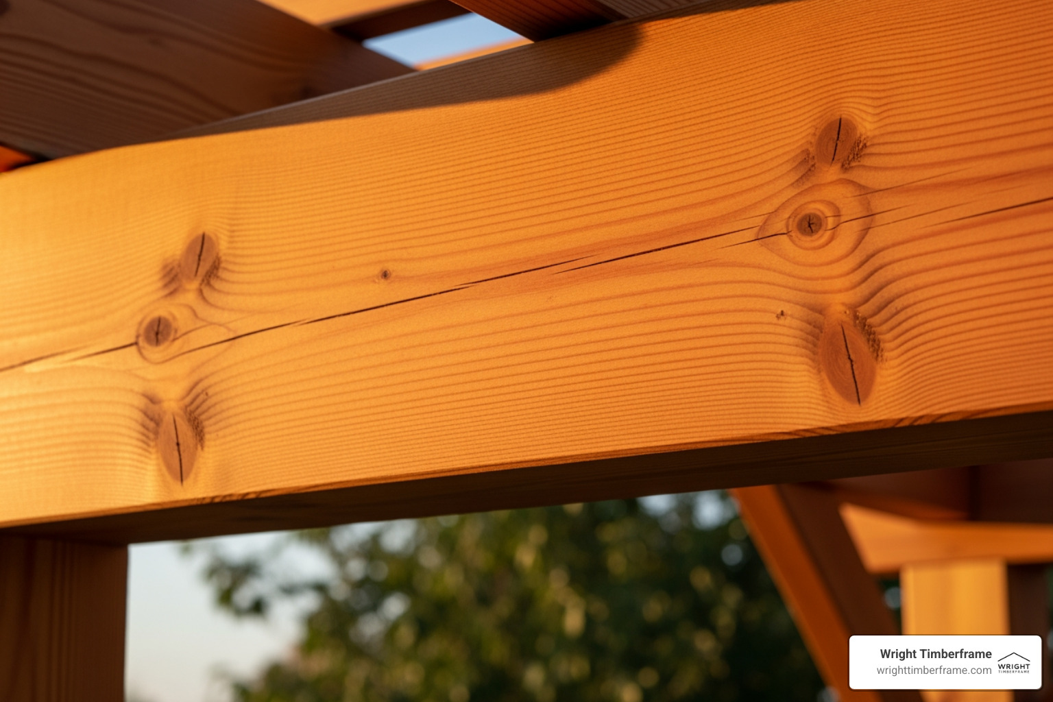 Close-up of a smooth Douglas fir outdoor beam showing detailed wood grain, natural knots, and warm sunlight highlighting its texture and structure.