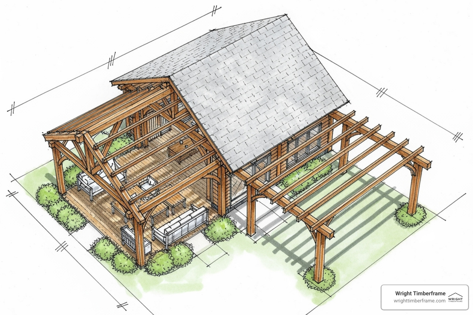 Pavilion with Attached Pergola Plan Large timber frame pavilion with attached pergola featuring stone bases, wooden beams, and outdoor grill setup for a modern backyard space.
