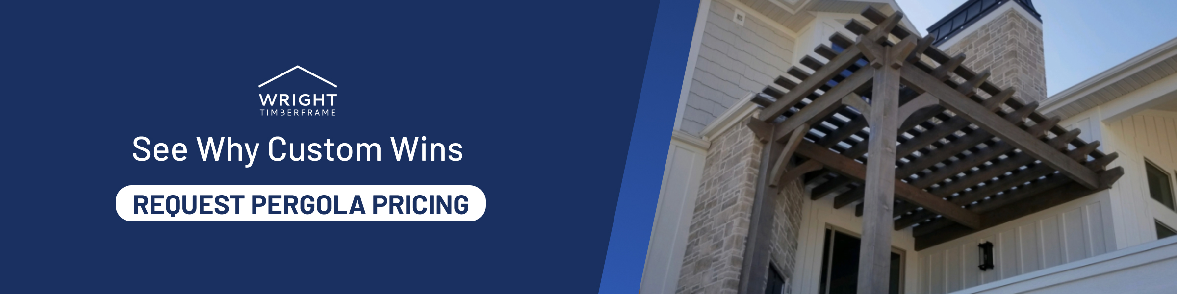 See Why Custom Pergolas Win Custom timber frame pergola attached to a home exterior, highlighting the craftsmanship and design advantages of choosing a custom pergola over prefab options.