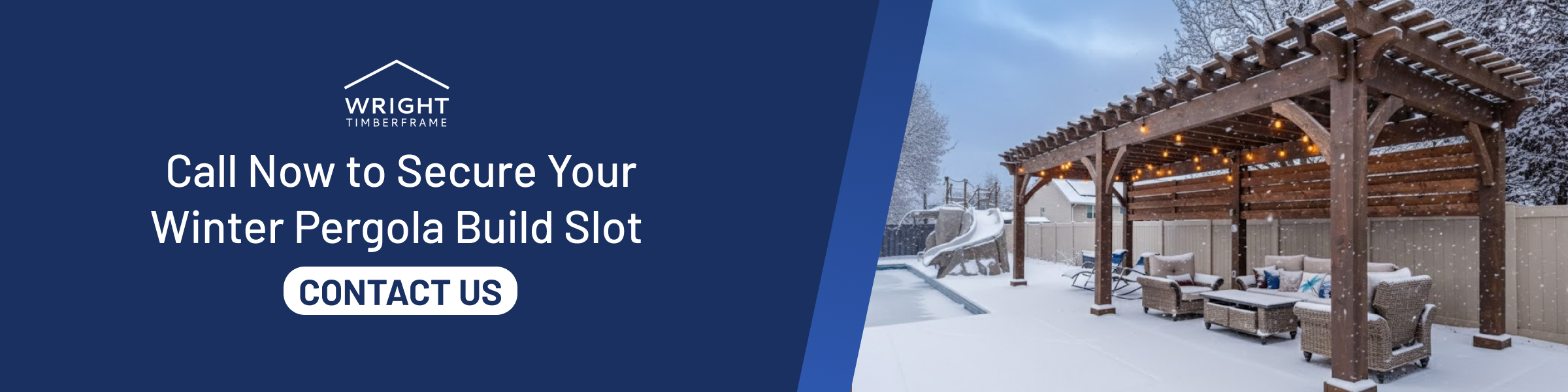 Secure Your Winter Pergola Build Slot Today Snow-covered backyard pergola with seating and lights, encouraging homeowners to buy a pergola in winter and secure a seasonal build slot.