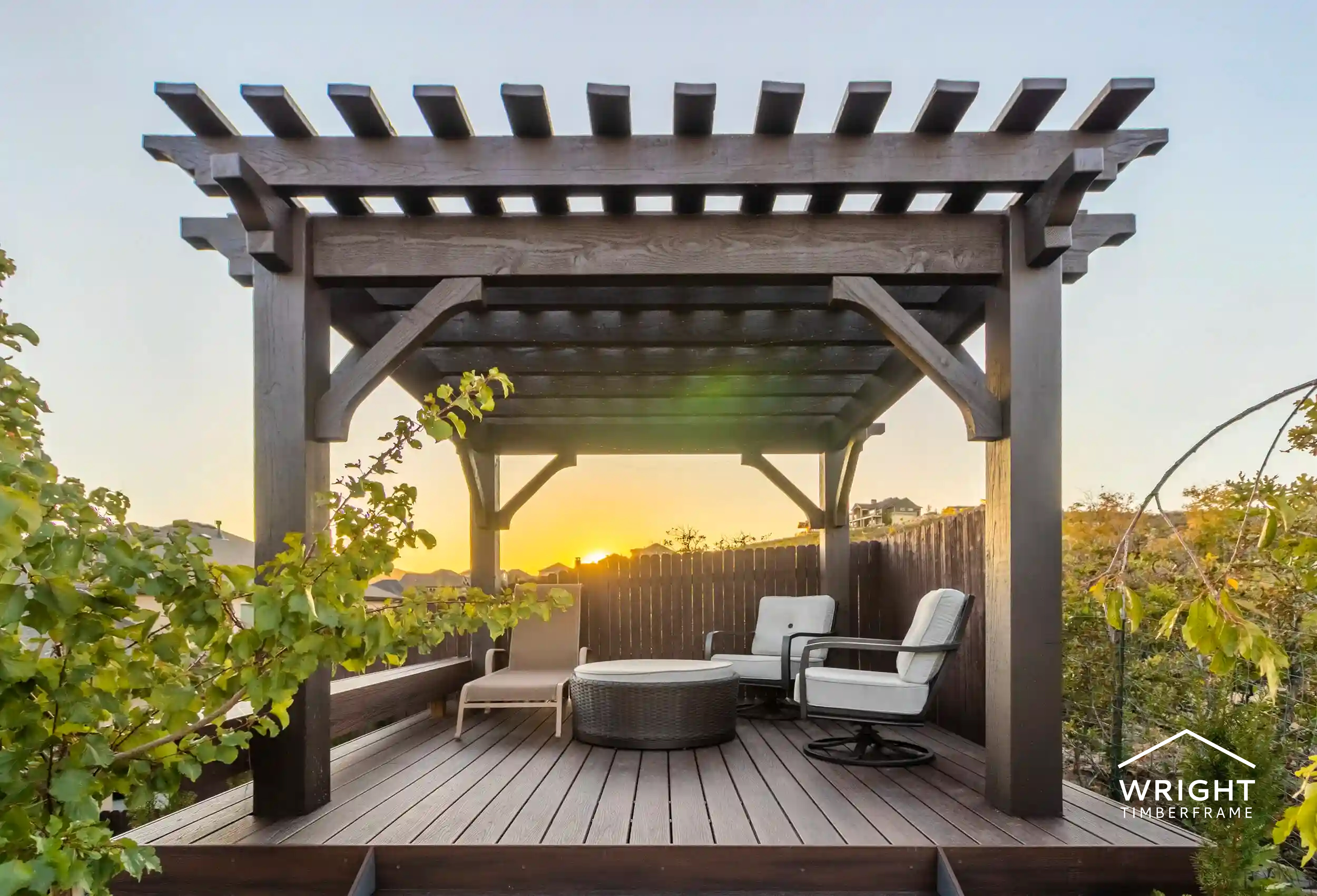 Beautiful Timber Pergola Outdoor Retreat Outdoor seating area under timber pergola at sunset, featuring cozy backyard retreat with chairs and shaded deck.