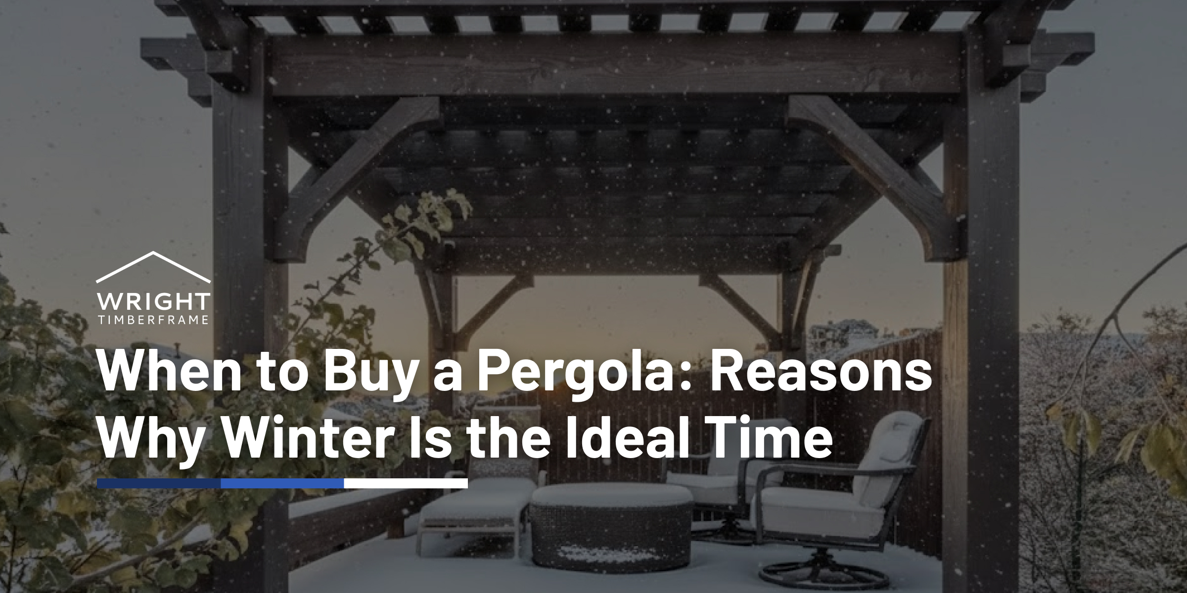 Snowy backyard pergola with seating, illustrating why many homeowners choose to buy a pergola in winter for better pricing and scheduling advantages.
