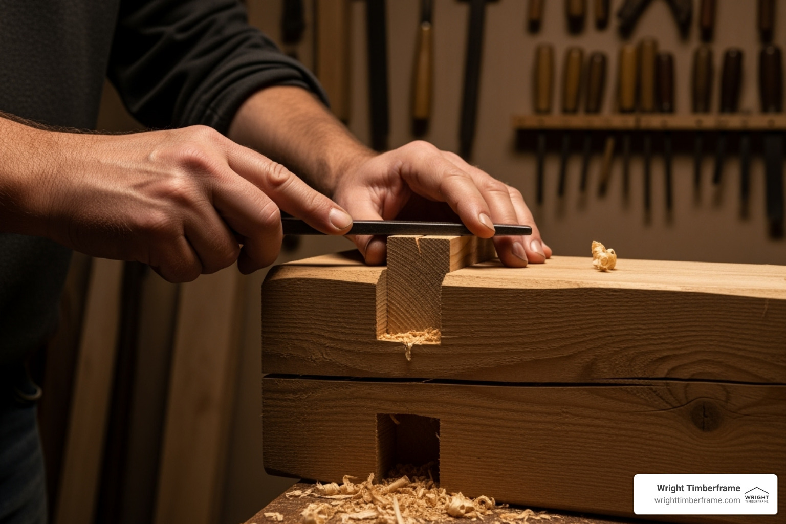 Close-up of hands shaping mortise and tenon joint on timber beam, highlighting detailed woodwork in timber frame assembly
