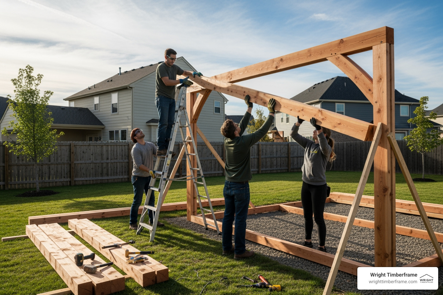 Assembling a custom Timber Frame Pavilion Crew assembling a custom timber frame pavilion using precision-cut beams and traditional joinery in a residential backyard setting.
