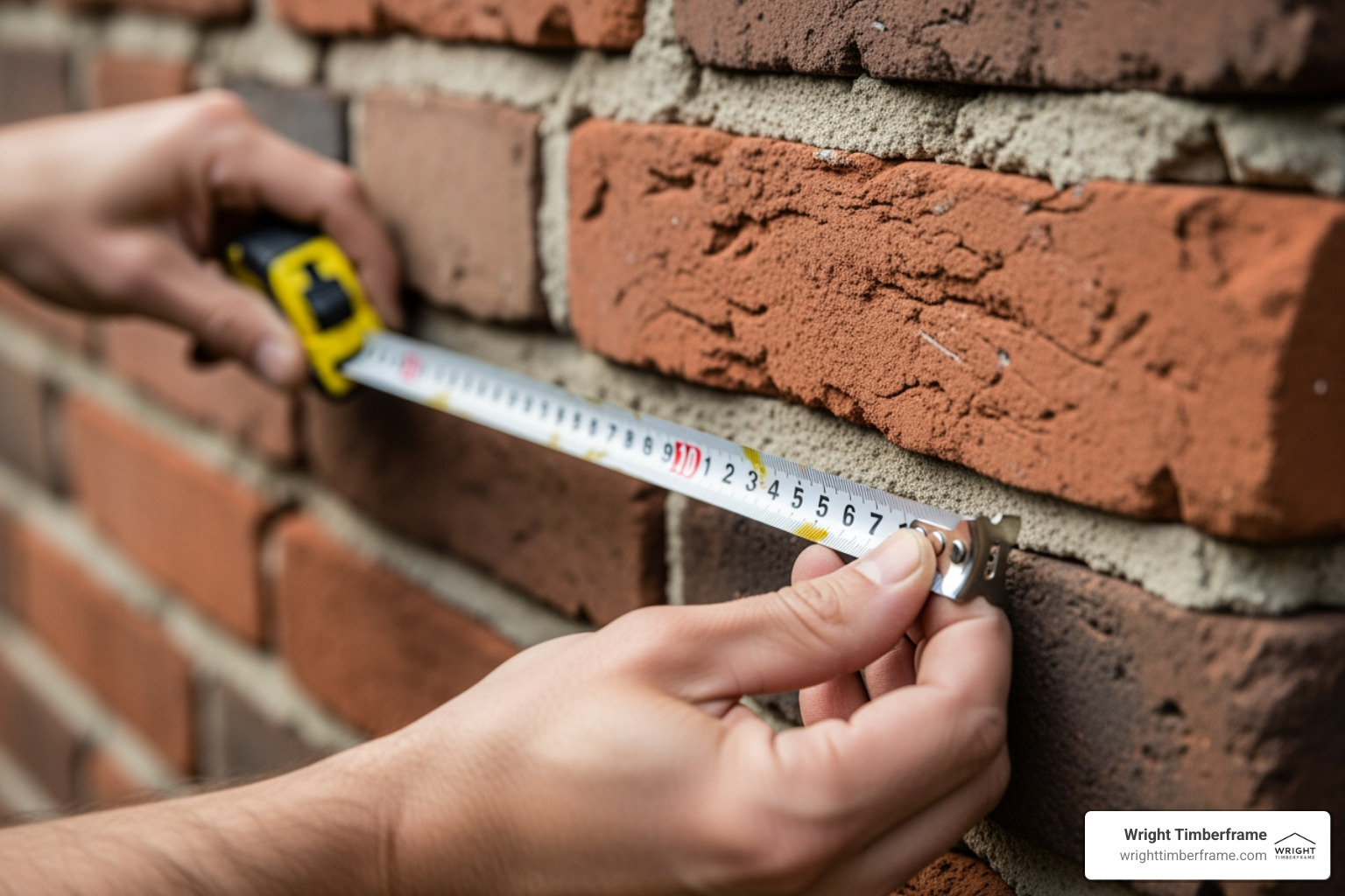 Measuring Brick Wall Depth Before Attaching a Pergola Close-up of hands measuring a brick wall with a tape measure to determine spacing and depth before installing ledger boards, showing an early step in how to attach a pergola to a brick house safely and accurately.