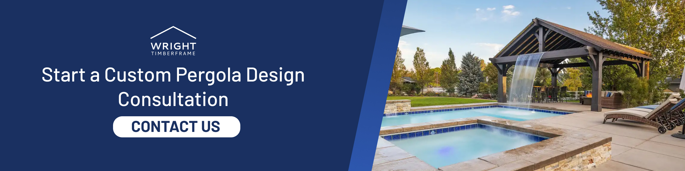 Start a Custom Pergola Design Consultation Custom wood pergola with seating and string lights beside a backyard pool, inviting homeowners to start a custom pergola design consultation.