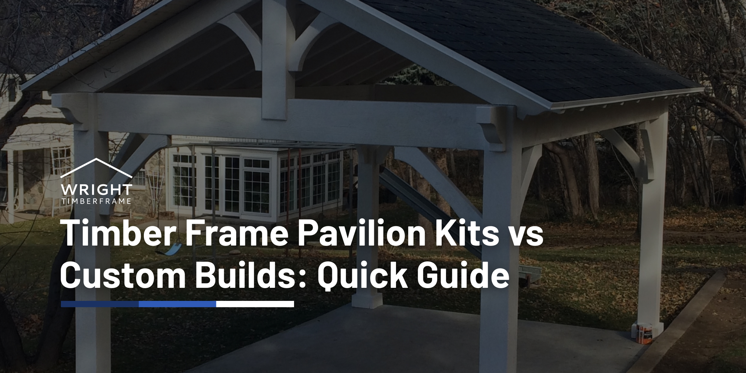 Custom timber frame pavilion with exposed beams and solid roof, illustrating design differences between prefab kits and fully custom builds.