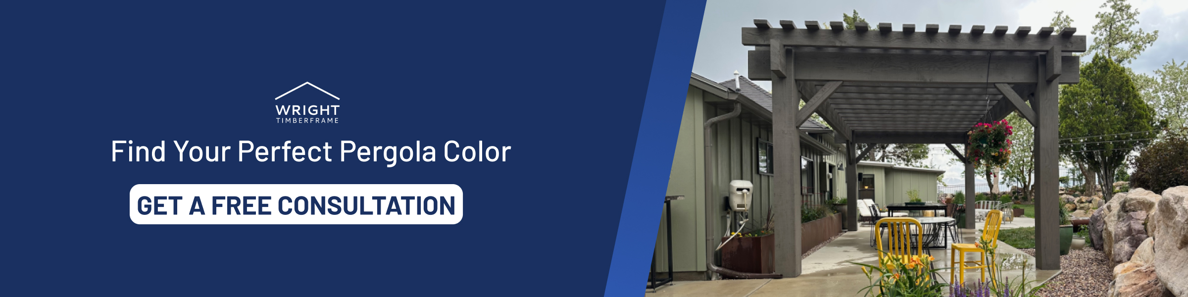 Pergola color selection showcasing outdoor living space with timber pergola and seating area offering free consultation for homeowners