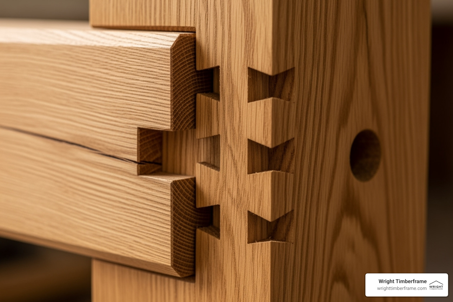 Timber frame pergola kits detail showing mortise and tenon wood joinery connection in heavy timber pergola structure